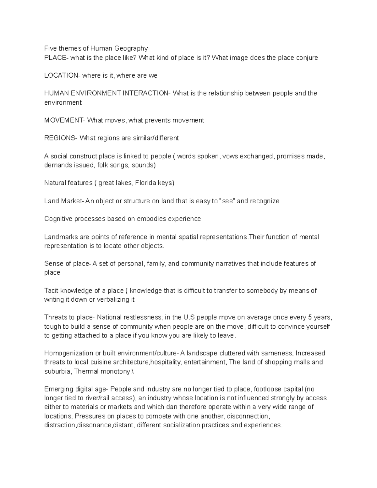 Human Geo 9 2 2022 - Five themes of Human Geography- PLACE- what is the ...