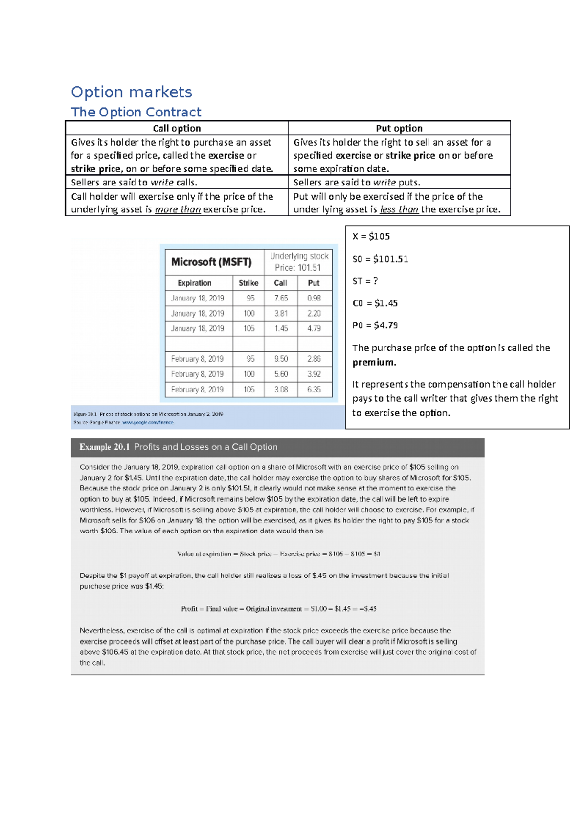 Market strategies - FTX3045S - Option markets The Option Contract Call ...