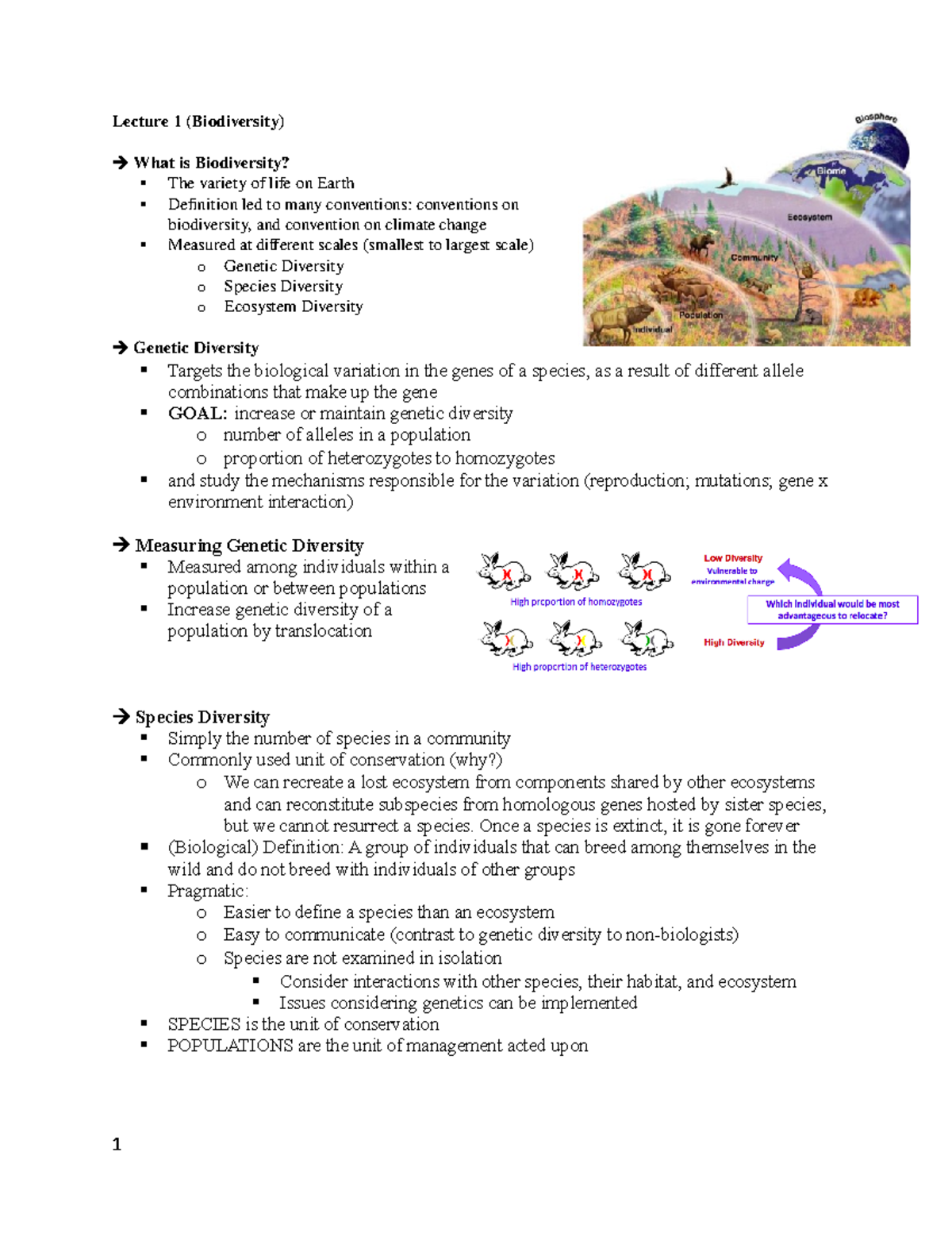 Lecture 1 (Biodiversity) - For413H1 - U of T - Studocu