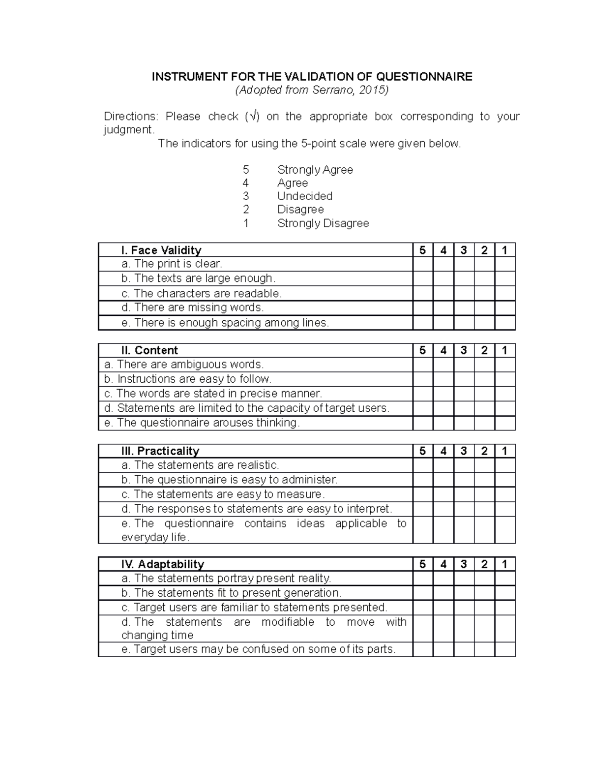 Instrument FOR THE Validation OF Questionnaire - INSTRUMENT FOR THE ...