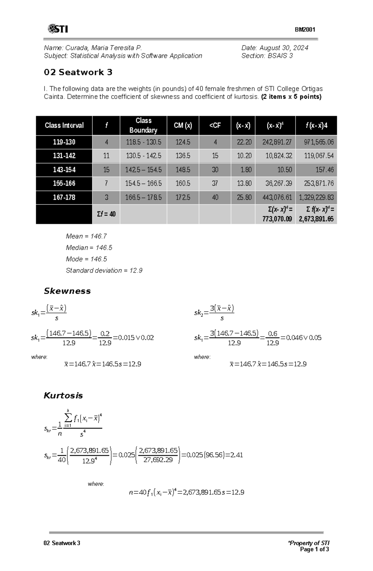 02SW3 STAT - Finding the skewness and kurtosis - BM Name: Curada, Maria ...