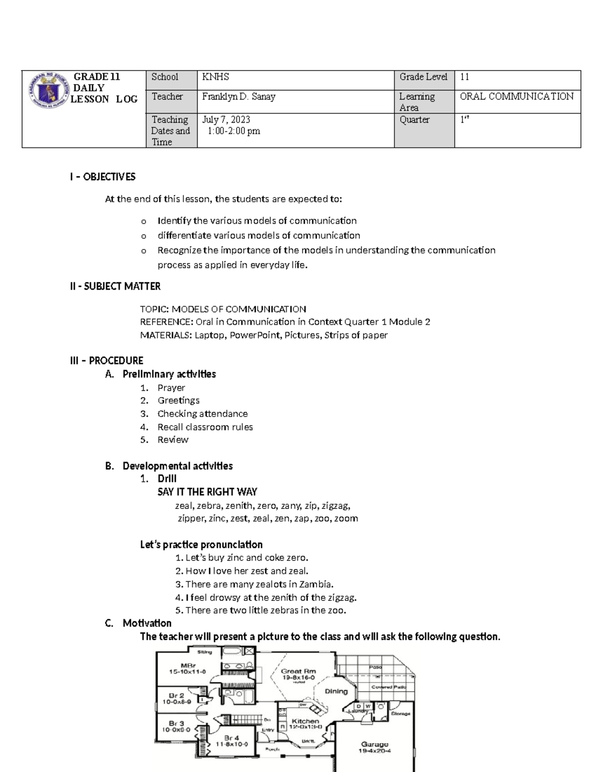 LP ORAL COM - LESSON PLAN - GRADE 11 DAILY LESSON LOG School KNHS Grade ...