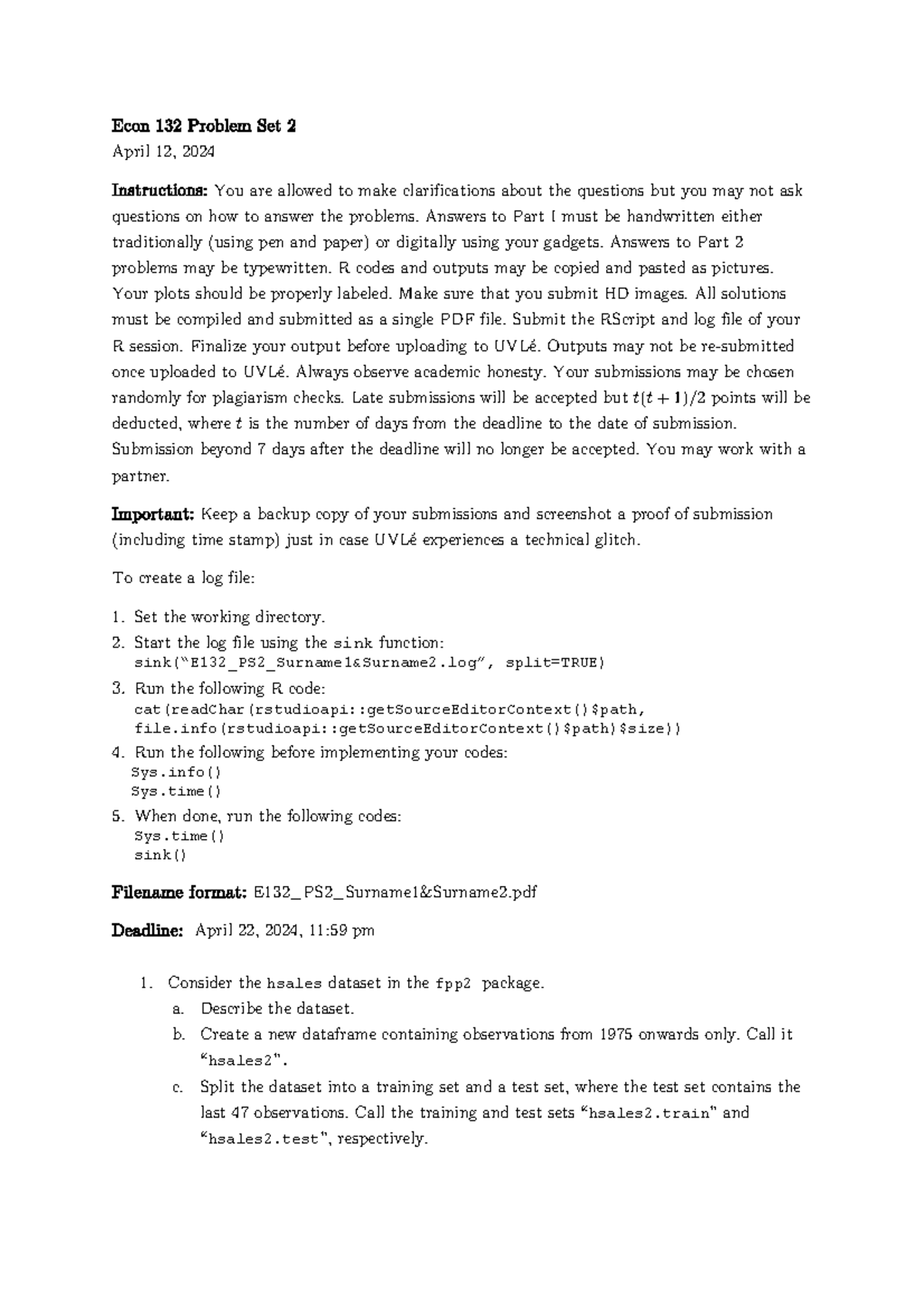 Econ 132 Problem Set 2 12Apr2024 - Econ 132 Problem Set 2 April 12 ...