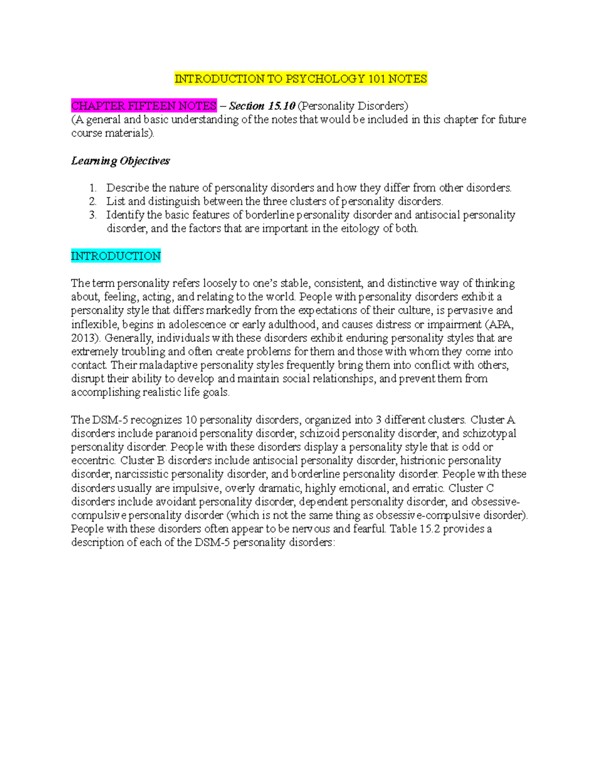 Introduction TO Psychology 101 Notes Chapter Fifteen Part Ten ...