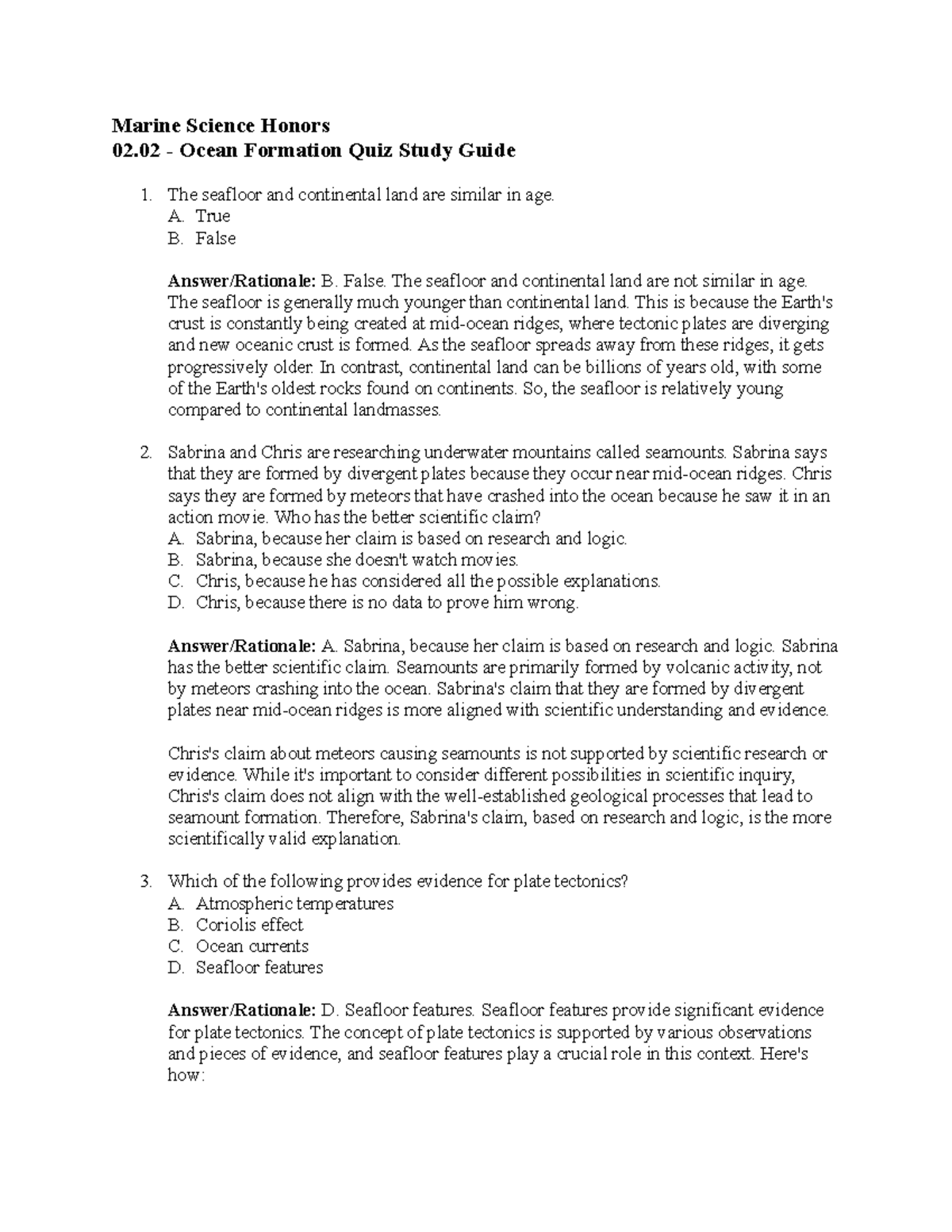 Test Prep and Study Marine Science Honors 02 Ocean Formation Quiz