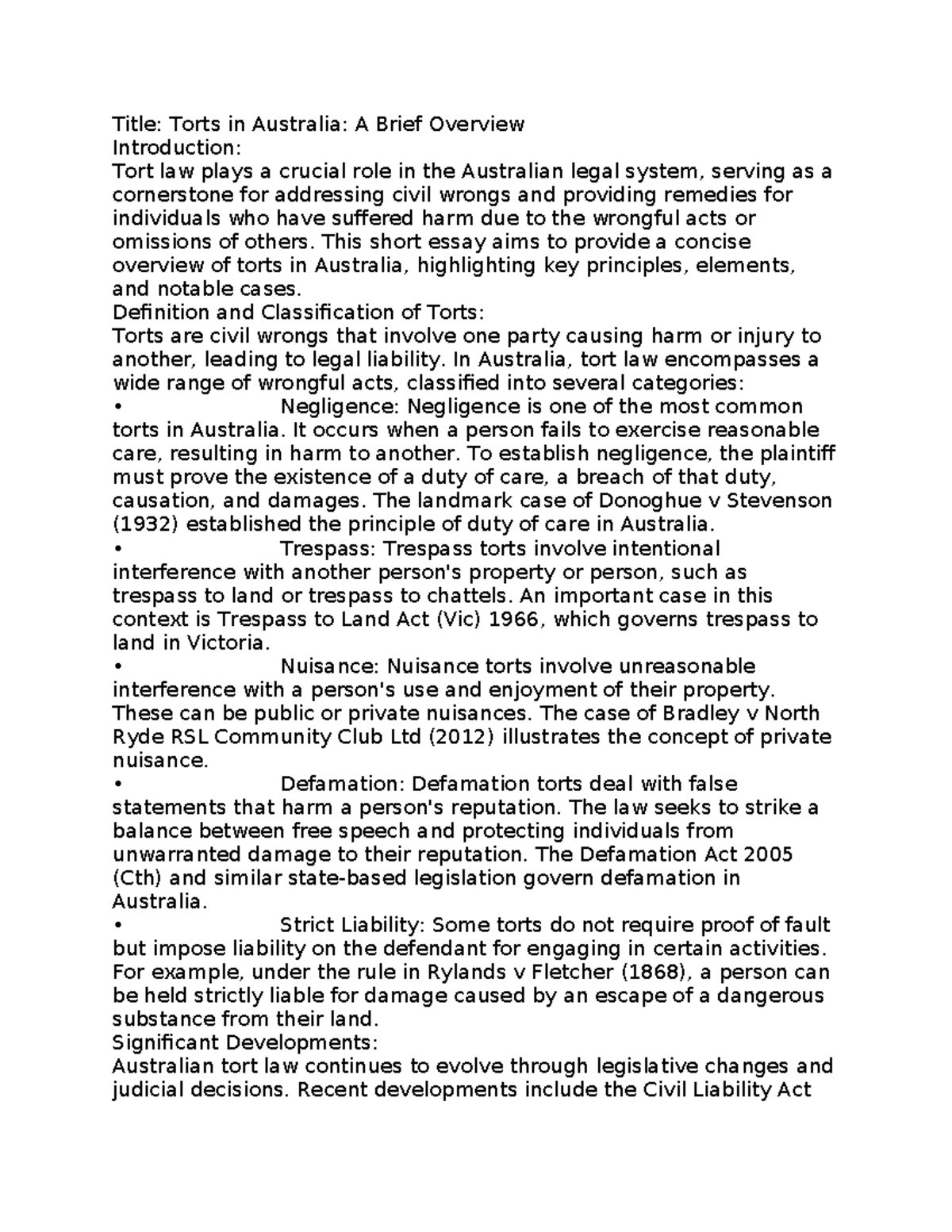 Torts over view - Week 1 Summary - Title: Torts in Australia: A Brief ...