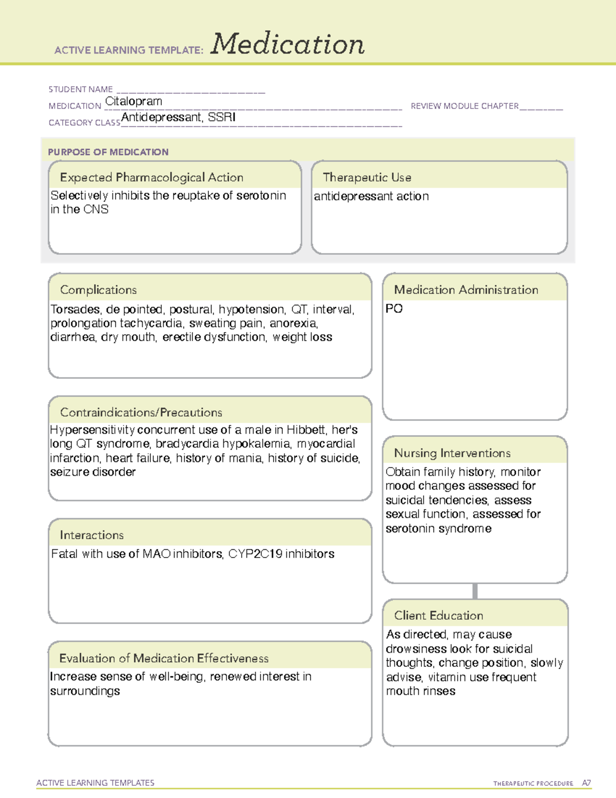 ATI Citalopram. - ACTIVE LEARNING TEMPLATES TherapeuTic procedure A ...