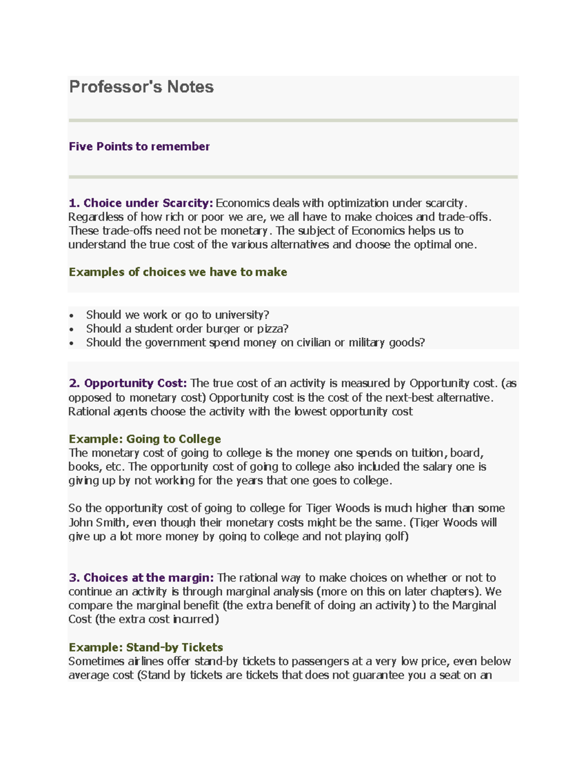 Professor notes - Notes Five Points to remember 1. Choice under ...