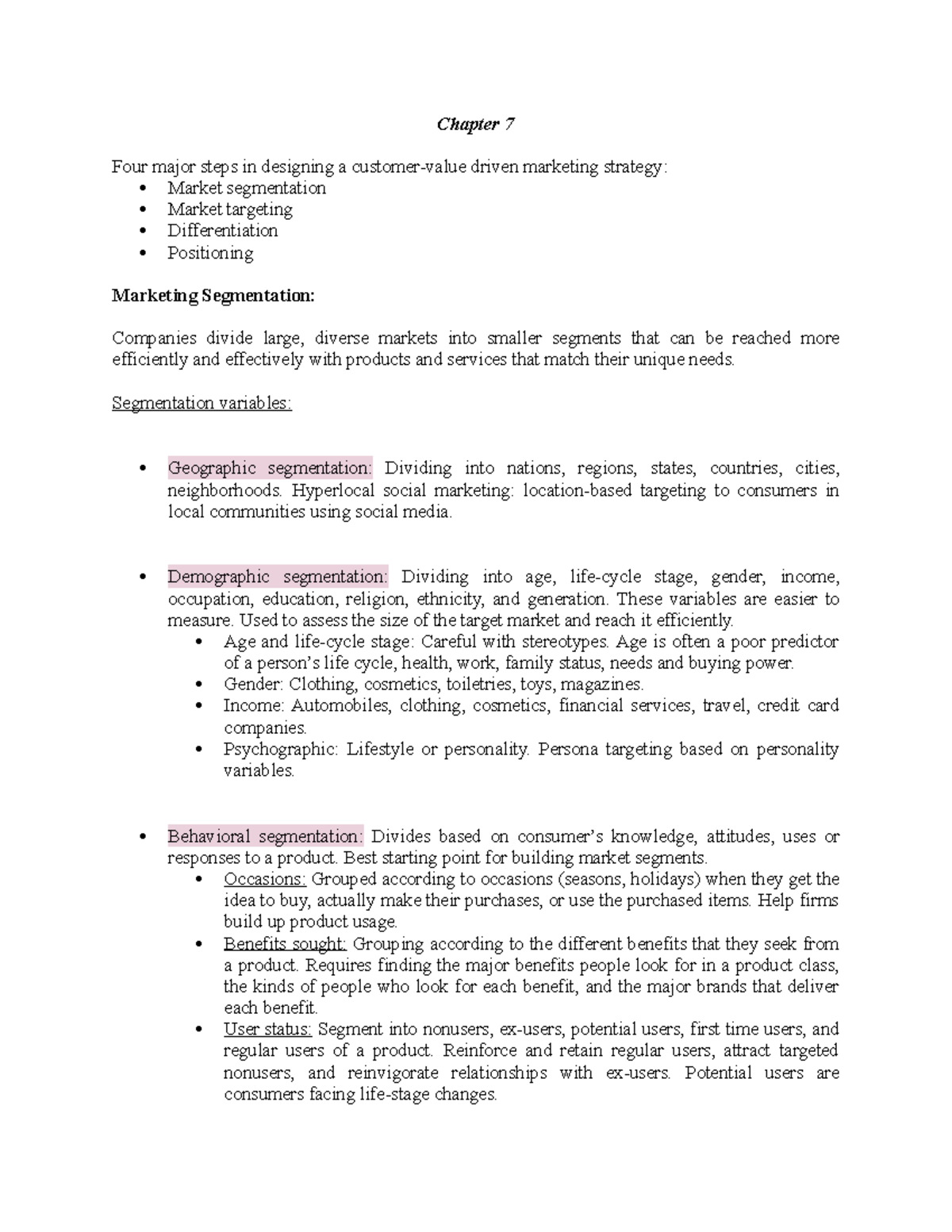Marketing Notes - Chapter 7 Four major steps in designing a customer ...
