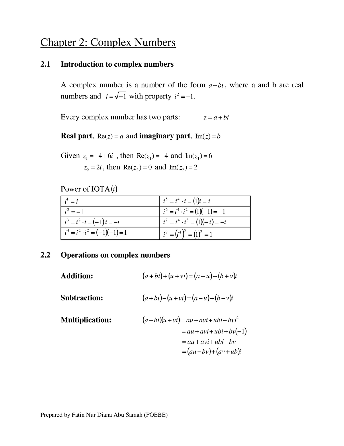 EEM3113 Engineering Maths Chapter 2 Summary Complex Numbers 
