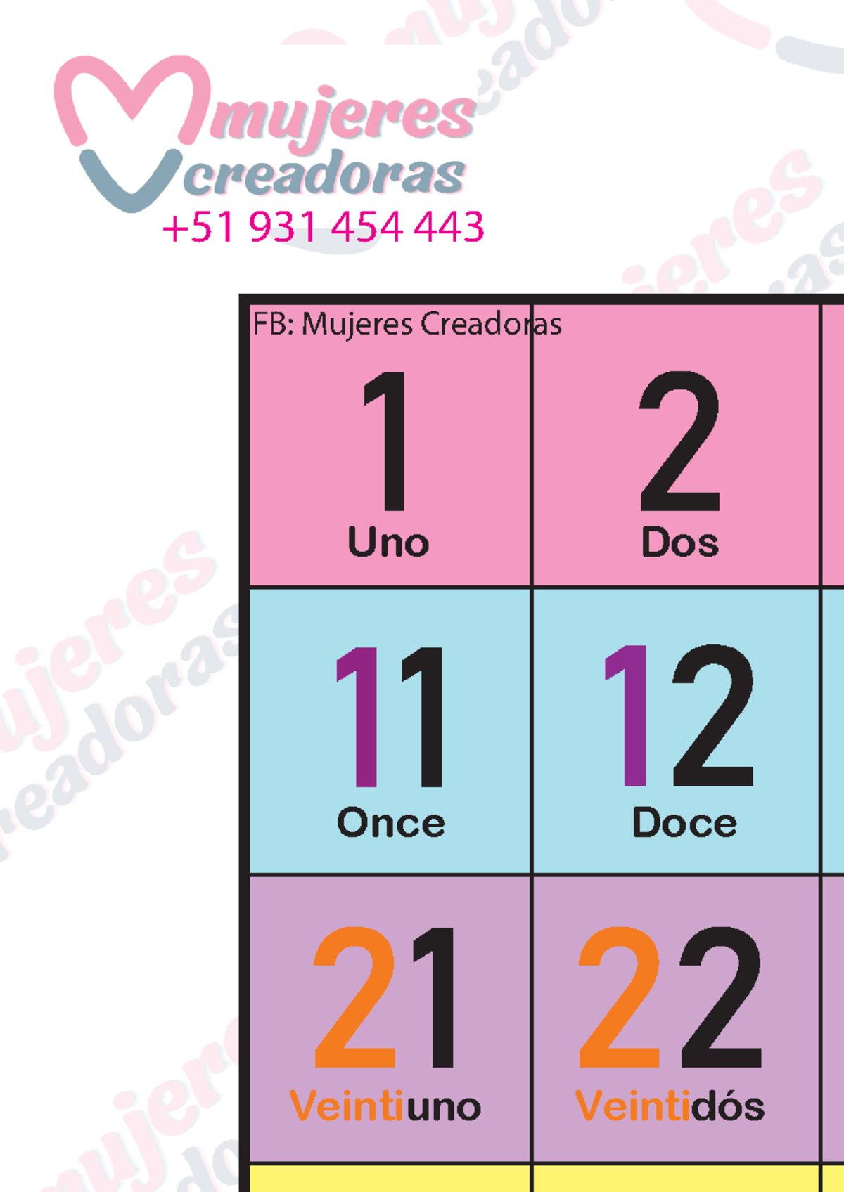 Numeros DEL 1 AL 100 - fichas - 1 2 Uno Dos Once Doce Veintiuno ...