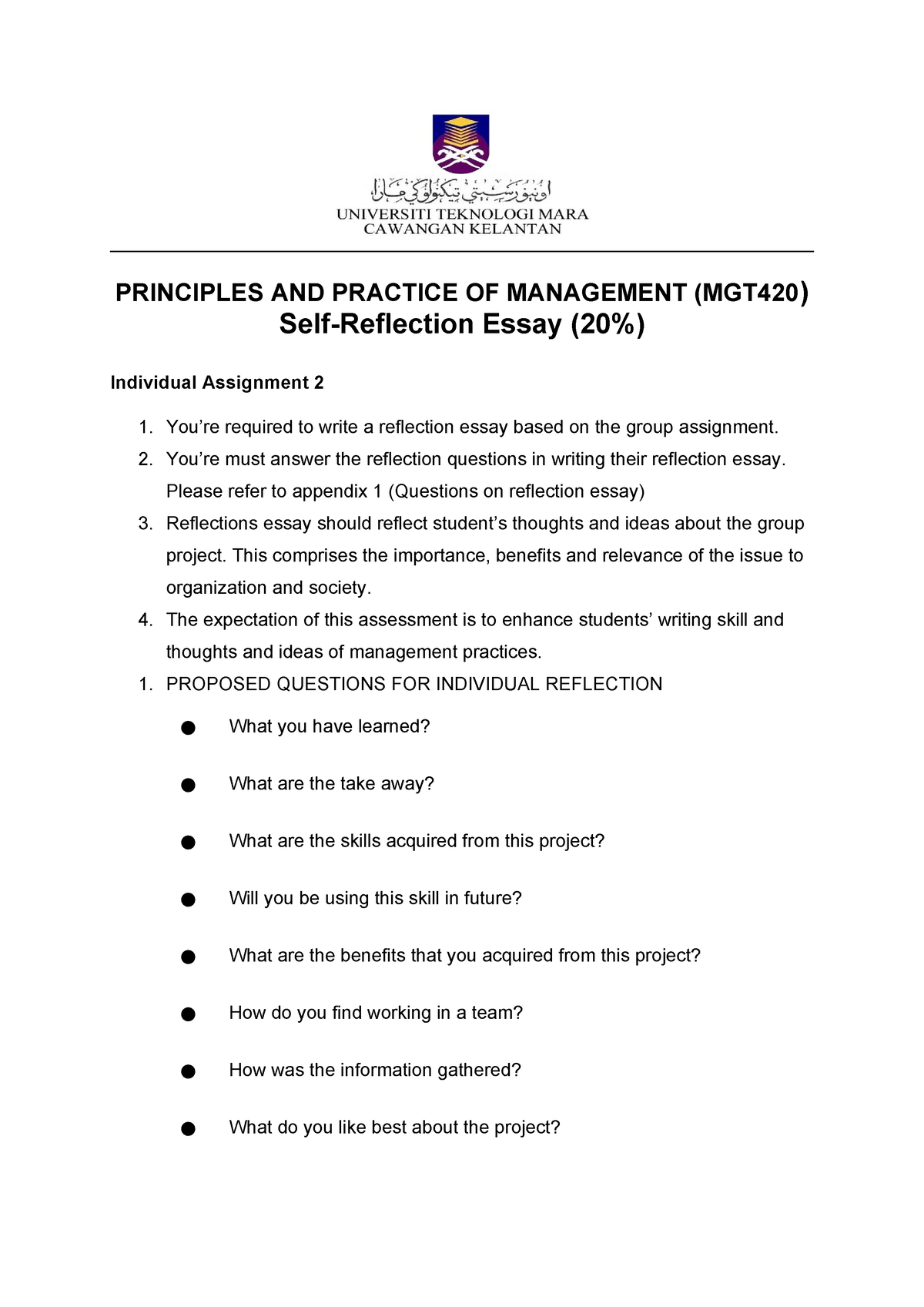 mgt 420 self reflection essay