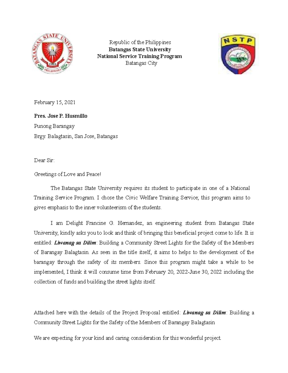 Project Proposal - Republic of the Philippines Batangas State ...