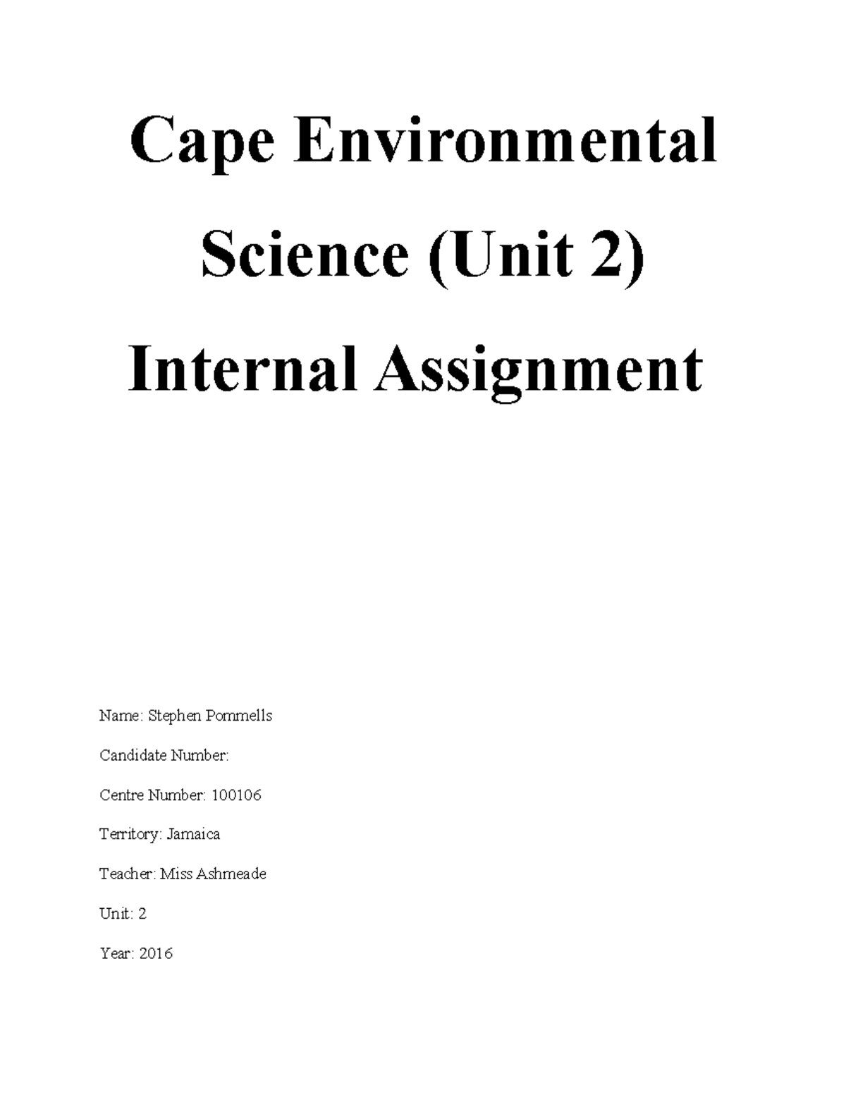 Past Papers Environmental Science - Cape Environmental Science (unit 2 