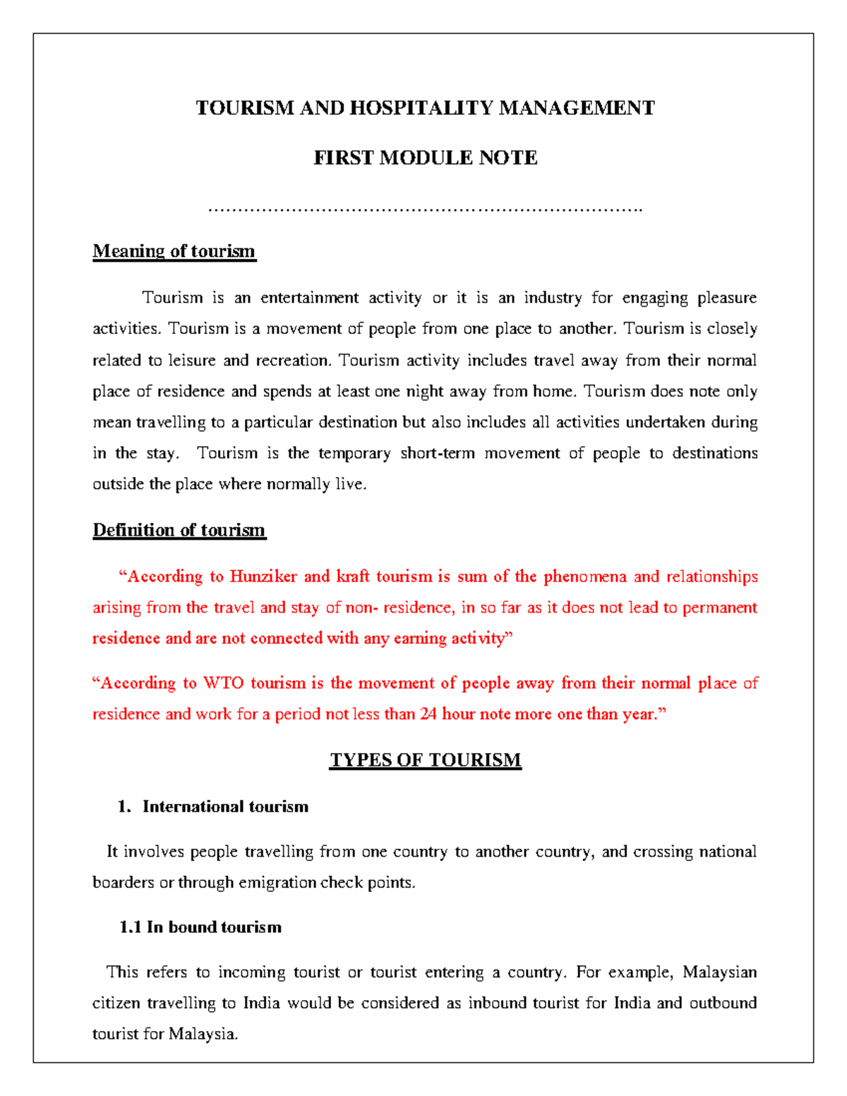 Open course ( Module -1) - TOURISM AND HOSPITALITY MANAGEMENT FIRST ...