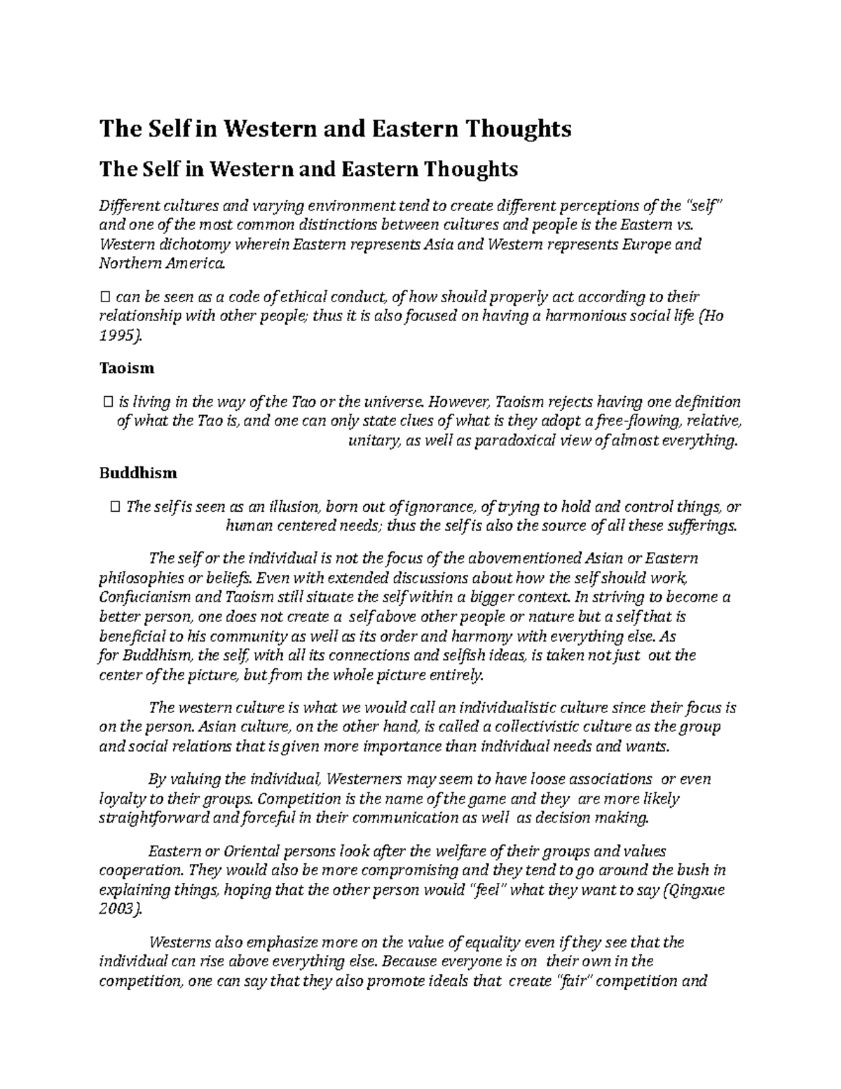 The Self in Western and Eastern Under standing self DHVSU Studocu