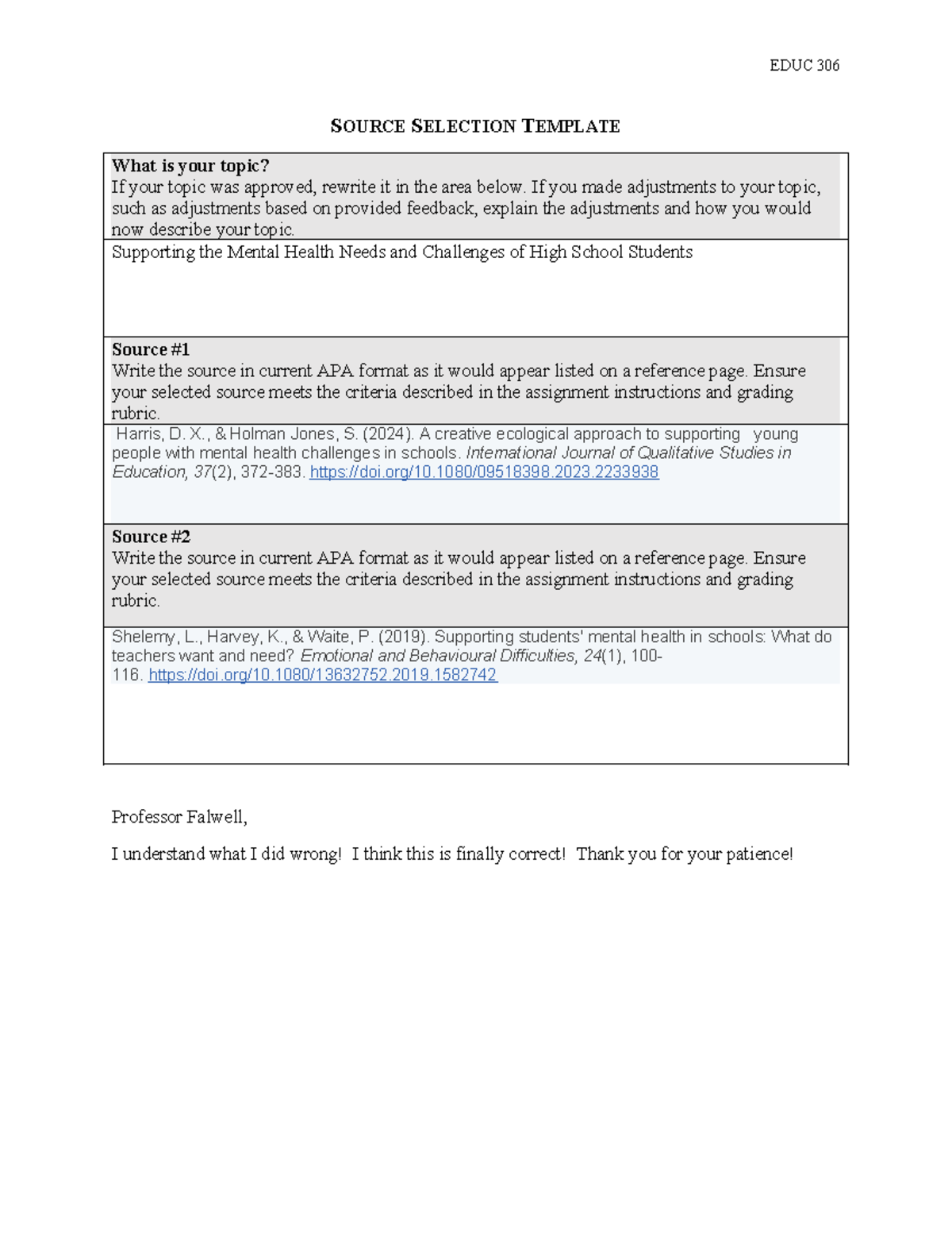 Source Selection Template - EDUC 306 SOURCE SELECTION TEMPLATE What is ...