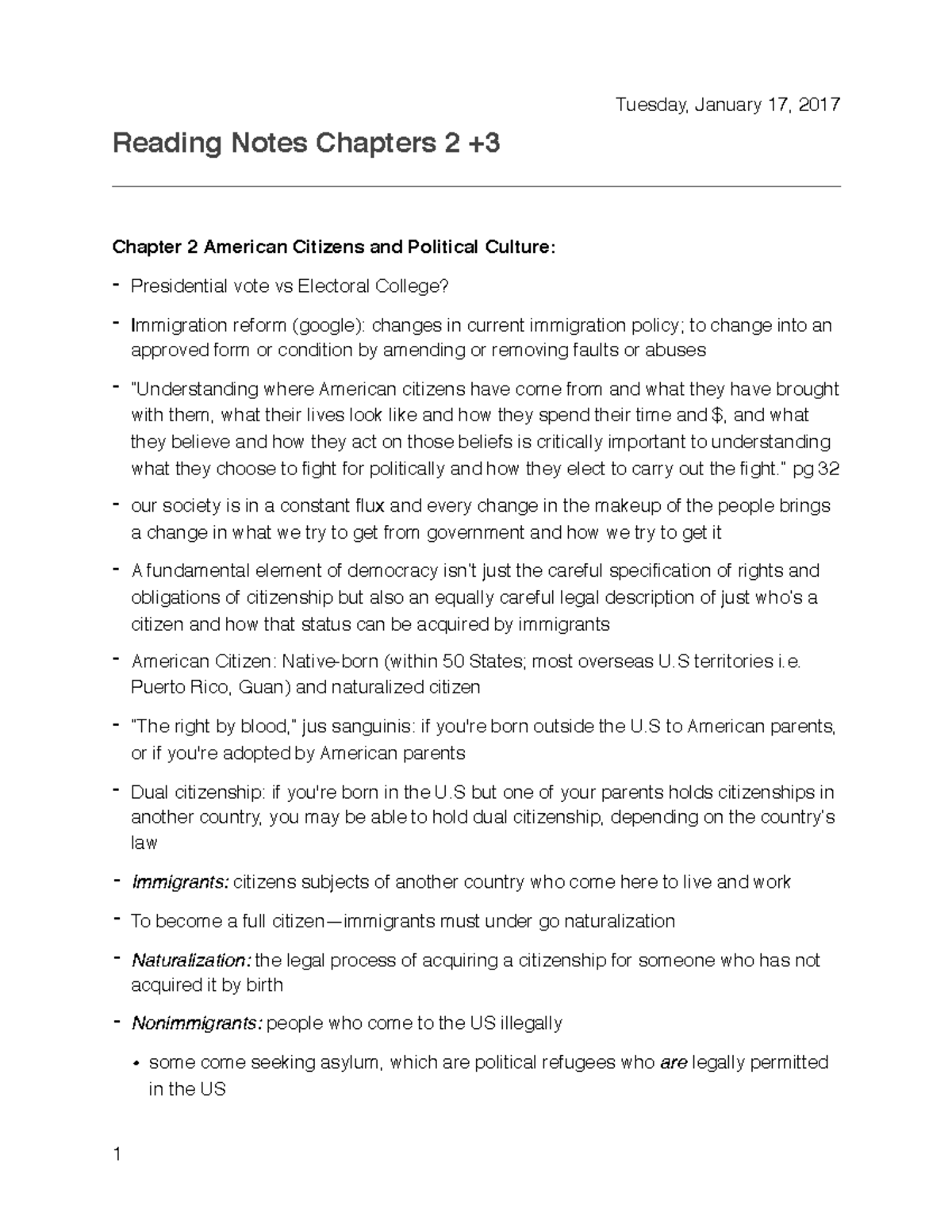Reading Notes Chapteres 2+3 - Tuesday, January 17, 2017 Reading Notes ...