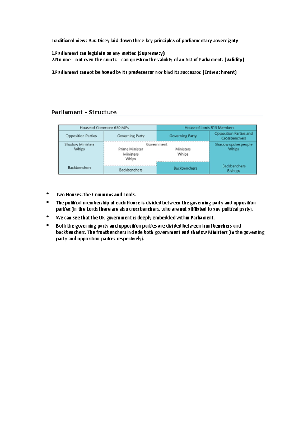 Parliamentary sovereignty Traditional view A. Dicey laid down three
