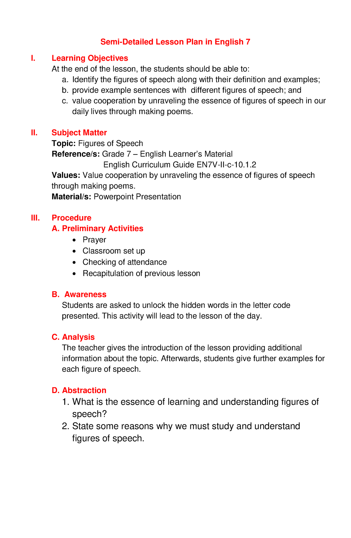 Semi Detailed Lesson Plan Semi Detailed Lesson Plan In English 7 I Learning Objectives At 4262