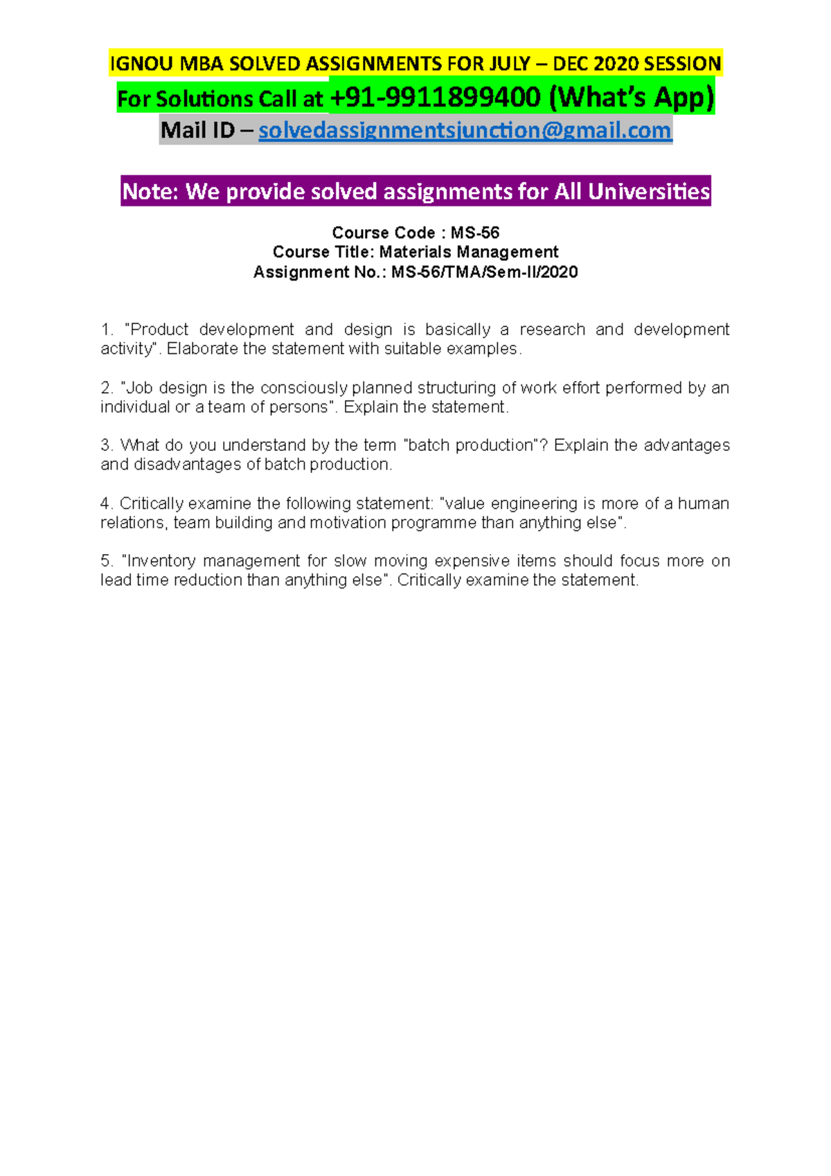 MS56 Materials Management JULY-DEC 2020 - IGNOU MBA SOLVED ASSIGNMENTS ...