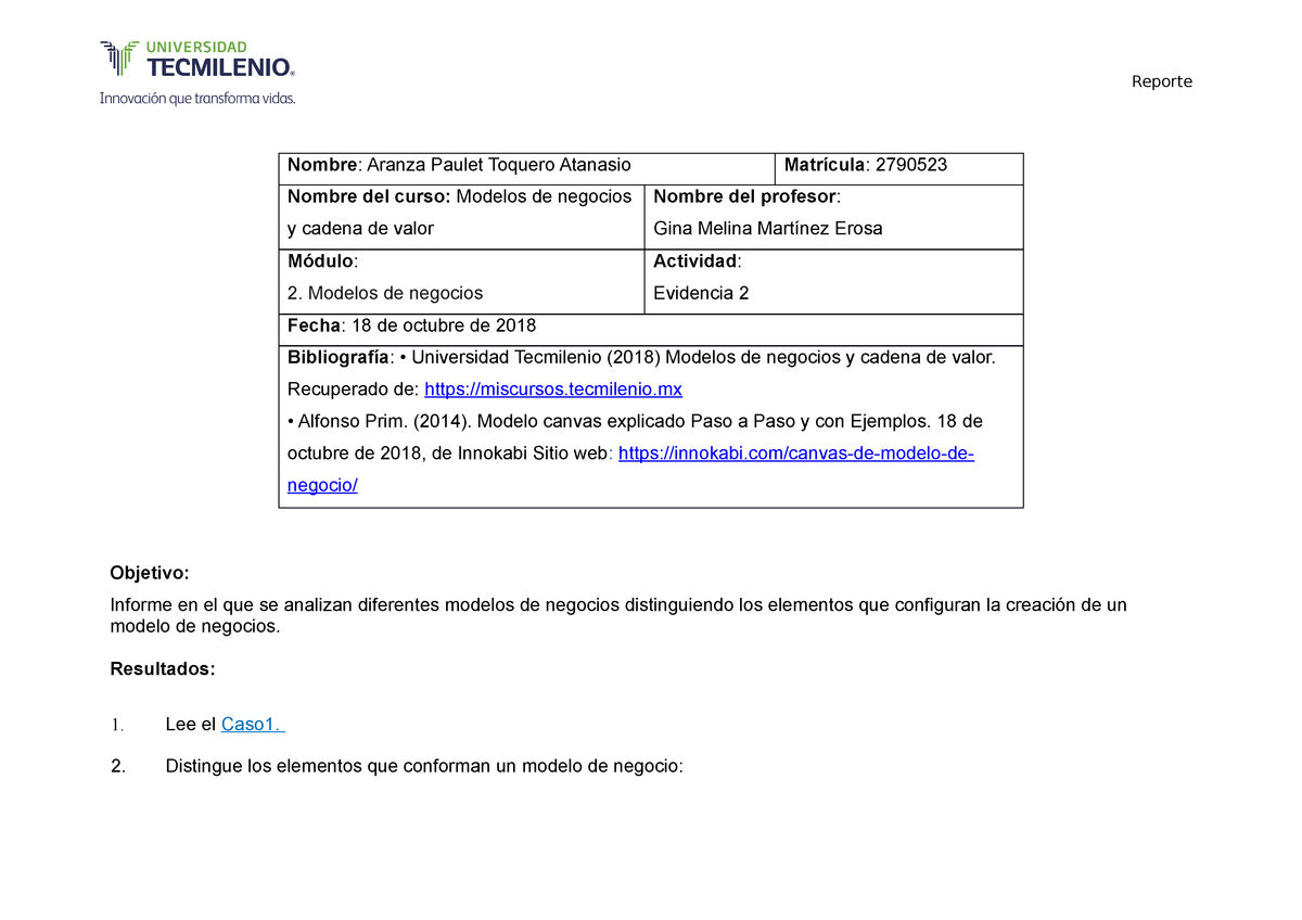 Evidencia 2 Modelos de negocios y cadena de valor - Reporte Nombre: Aranza  Paulet Toquero Atanasio - Studocu