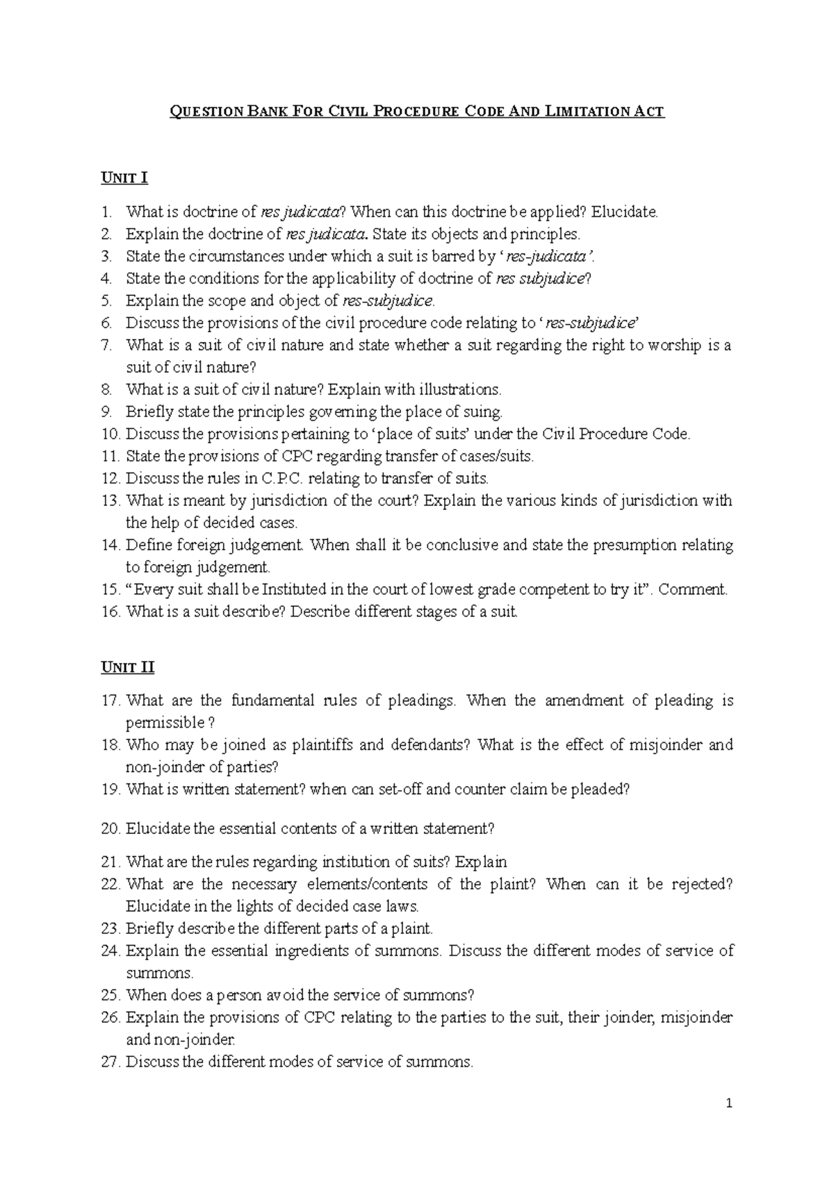 Exam 2019, questions - Q UESTION BANK FOR CIVIL PROCEDURE CODE AND ...