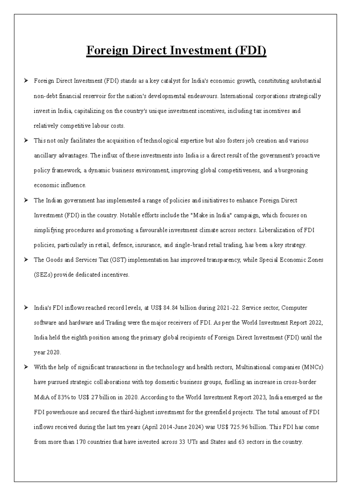 Document 1 - Assignment - Foreign Direct Investment (FDI) Foreign ...
