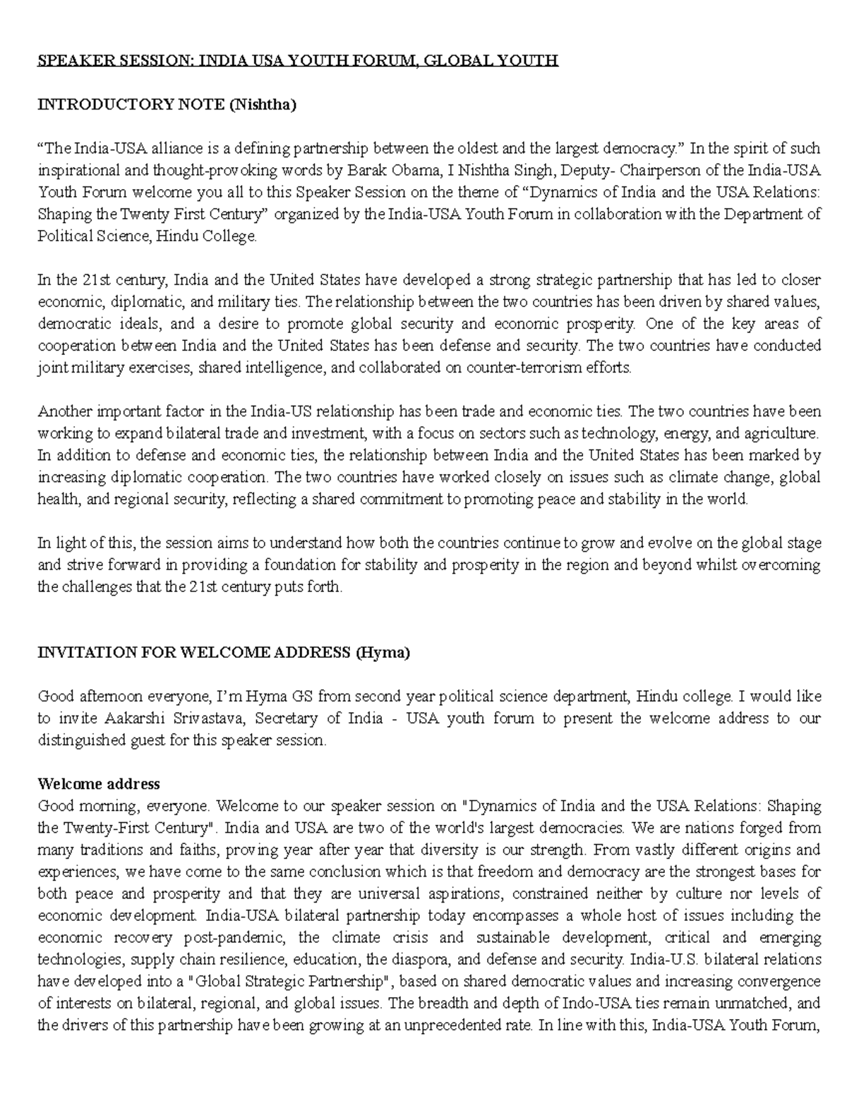 Speaker Session Iusyf academic SPEAKER SESSION INDIA USA YOUTH