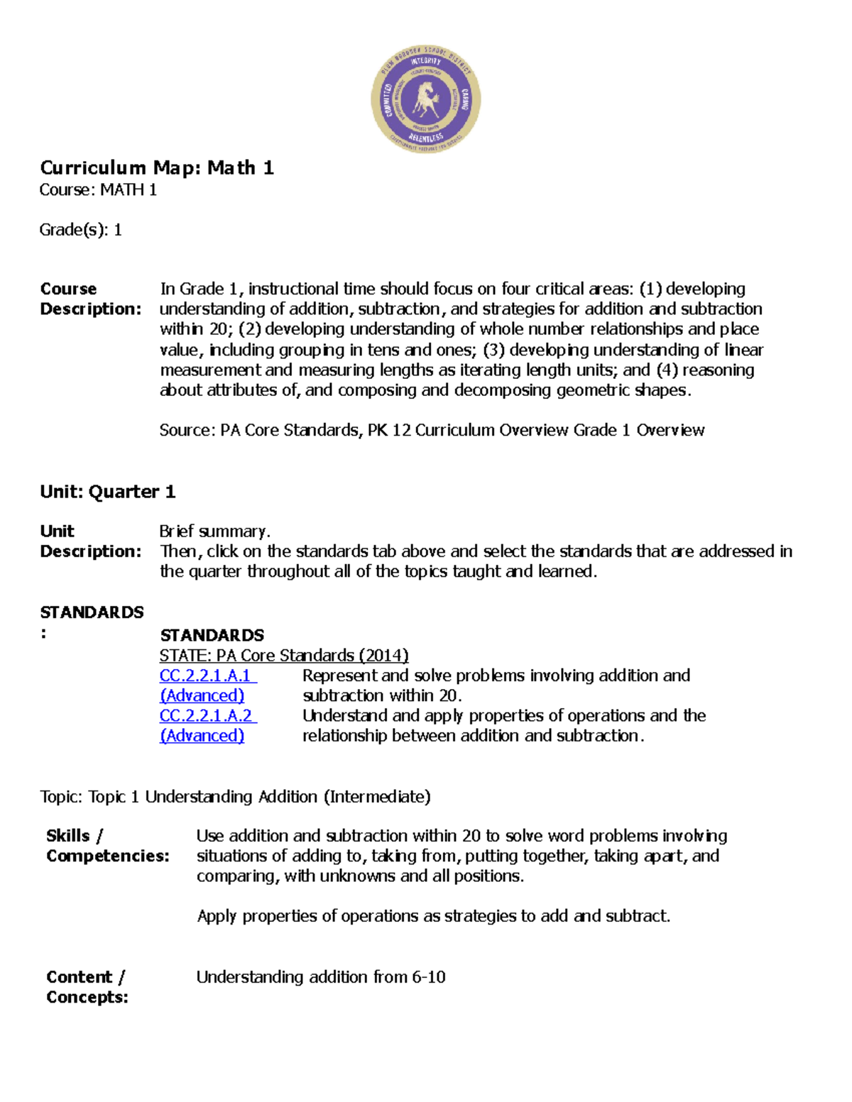 Math Grade 1 Curriculum Map Curriculum Map Math 1 Course MATH 1 Grade(s) 1 Course