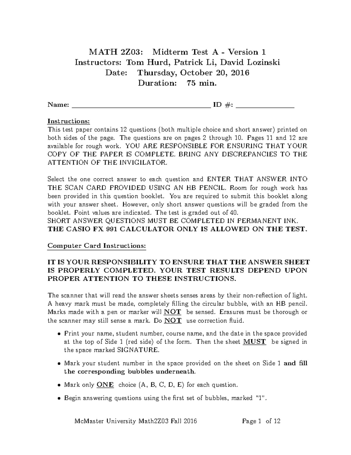 Test1 Sample 2016 - Test one midterm - MATH 2Z03: Midterm Test A ...