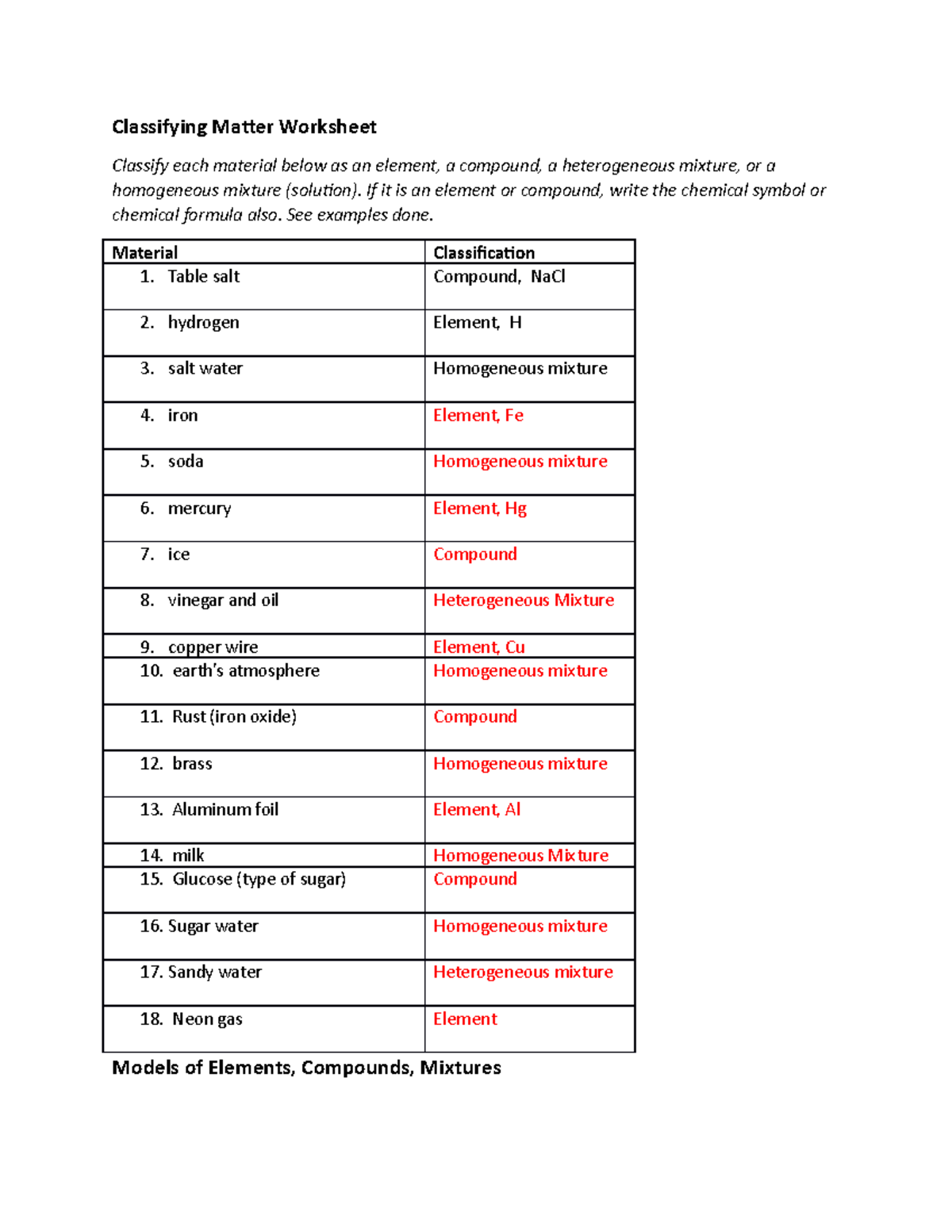 Classifying Matter Worksheet - Classifying Matter Worksheet Classify each  material below as an - Studocu