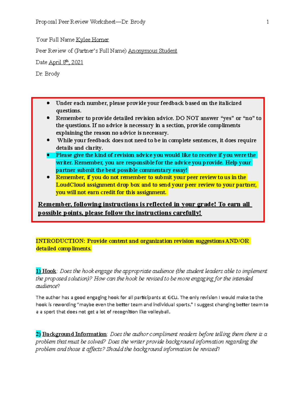 proposal peer review - Your Full Name Kylee Horner Peer Review of ...