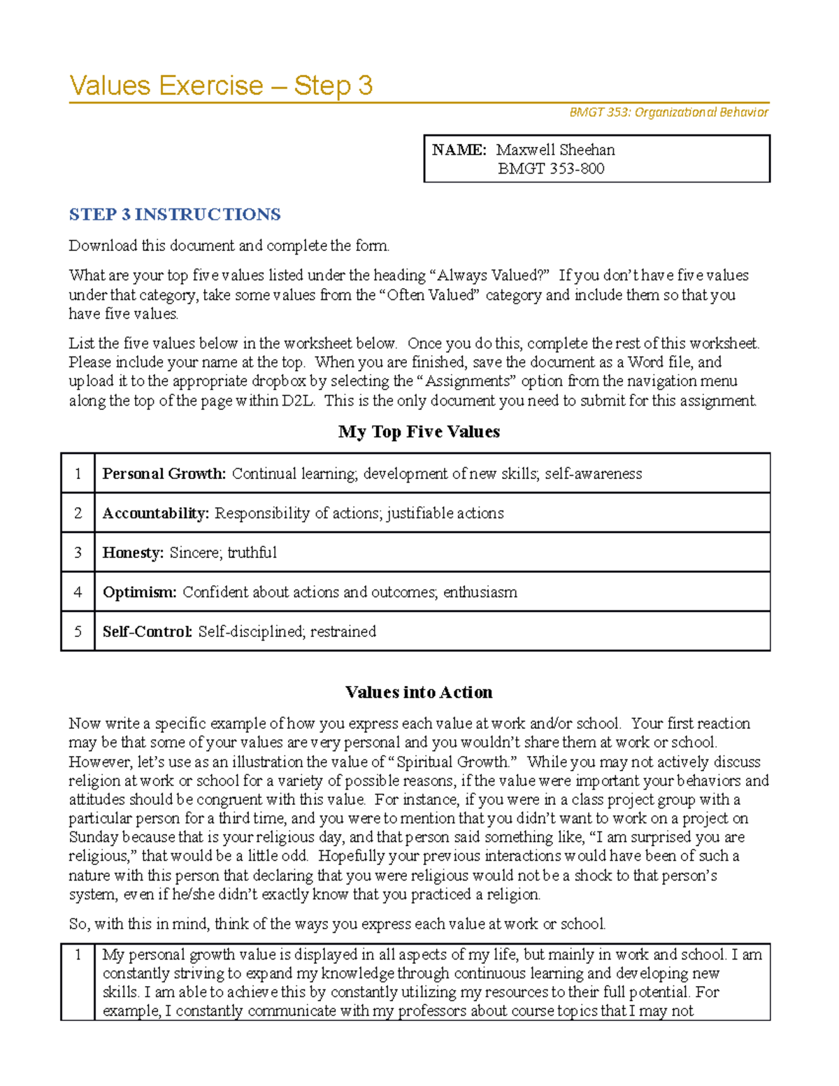 Short Assgn Values - CH 1 Step 3 - Values Exercise – Step 3 BMGT 353 ...