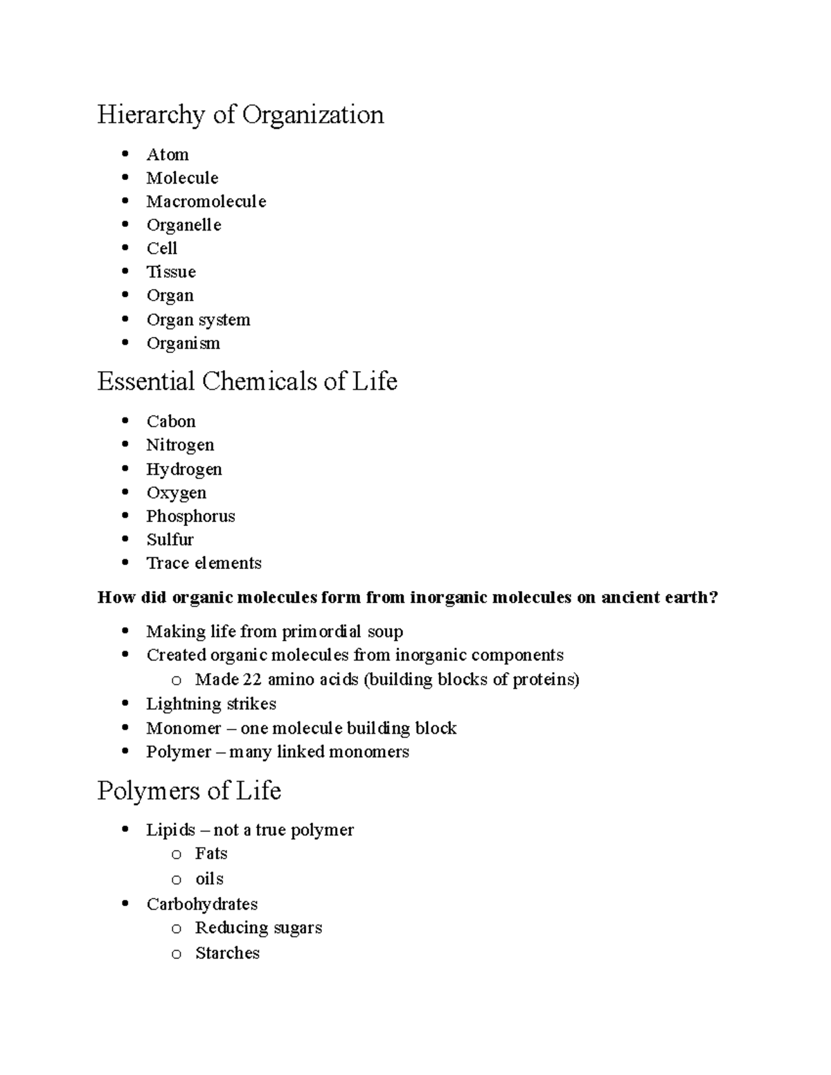 Bio Lecture Notes Hierarchy of Organization Atom Molecule