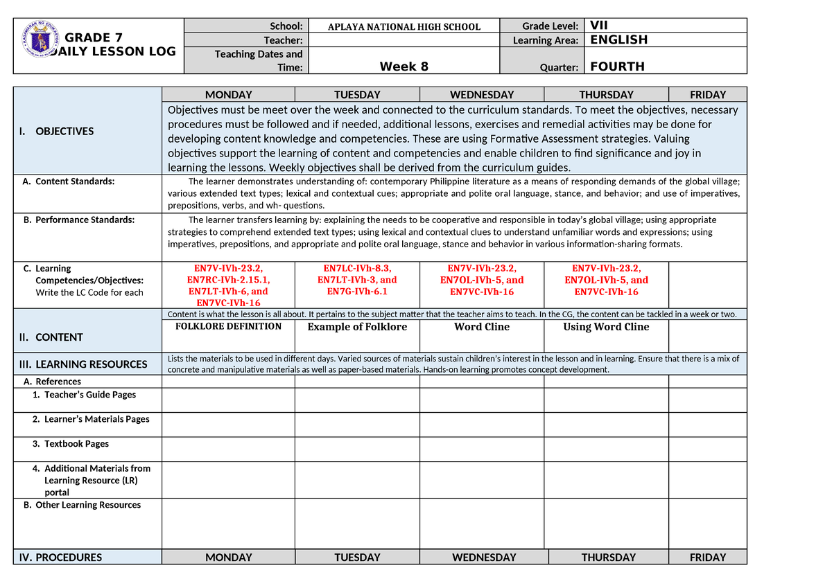 DLL 4th Qrtr Week 8 - Daily lesson log for English 7 - GRADE 7 DAILY ...