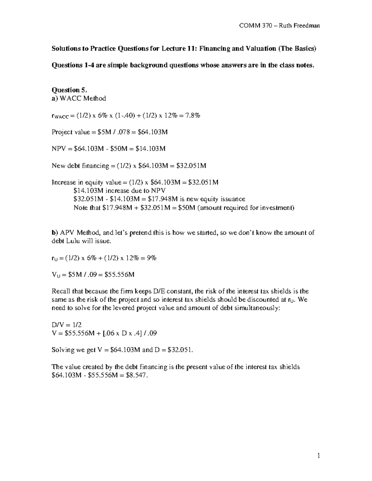 Practice for lecture 11 - Financing and Valuation (The basics ...