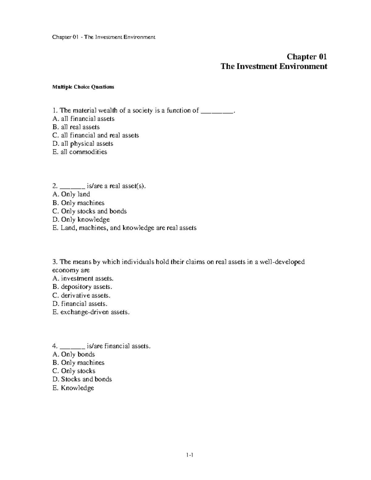 Chapter 01 investment Multiple choice question for practice Chapter 01 The Investment Studocu