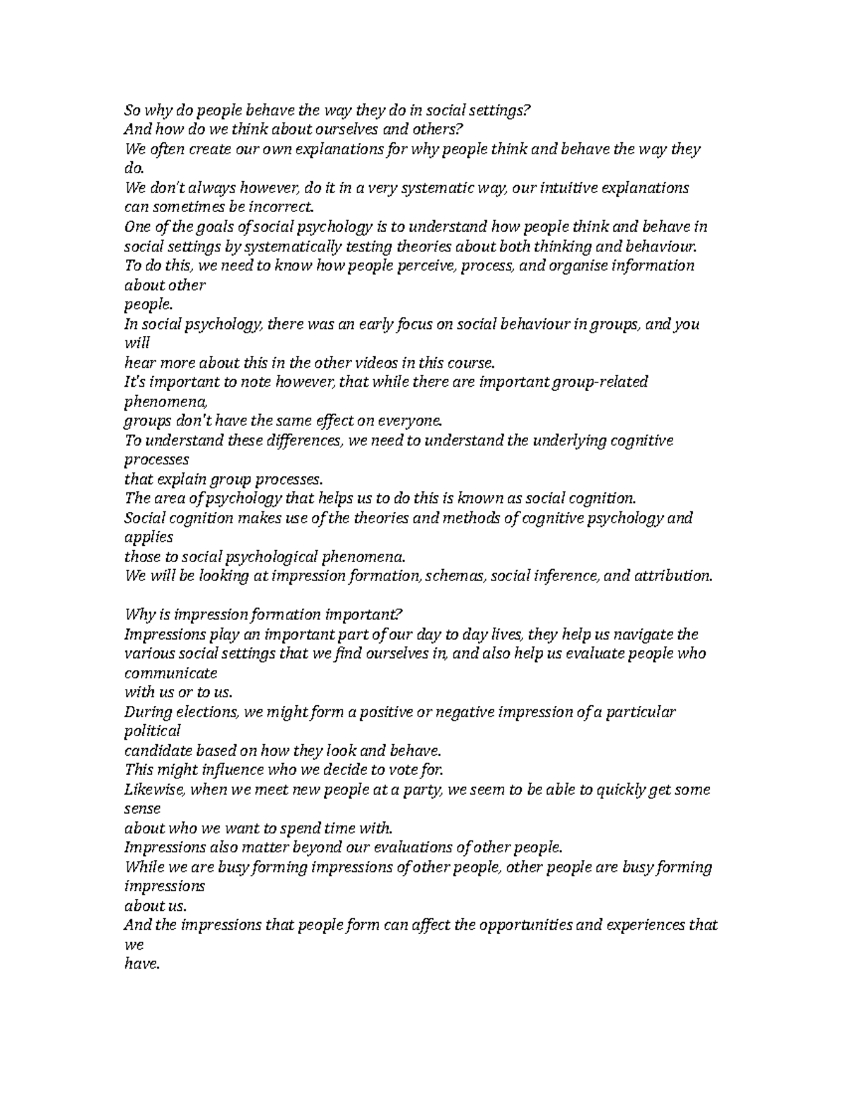 PSYC 1030 Notes - So why do people behave the way they do in social ...