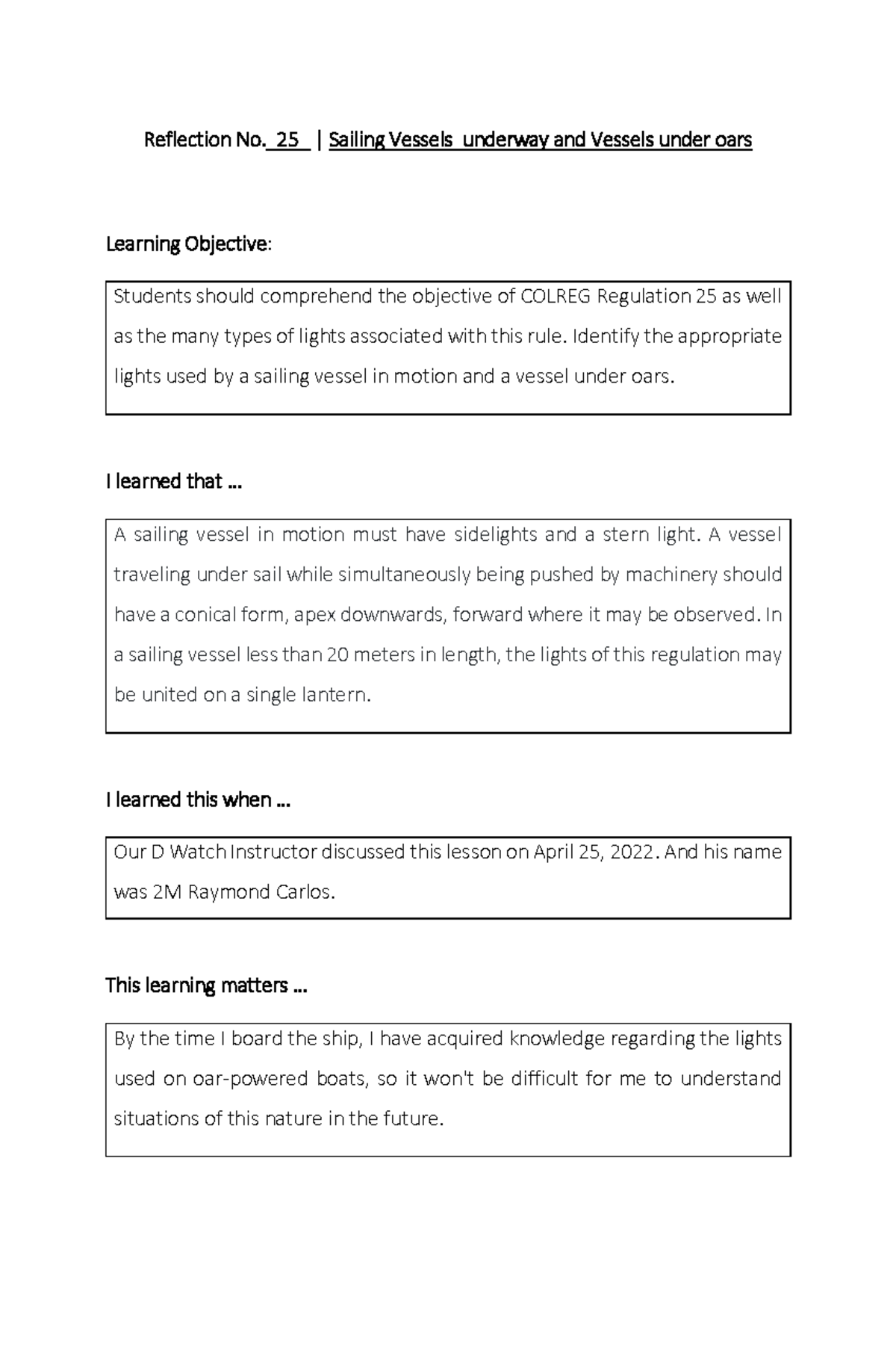 Rule 25 Reflection Reflection No._ 25 _ Sailing Vessels underway