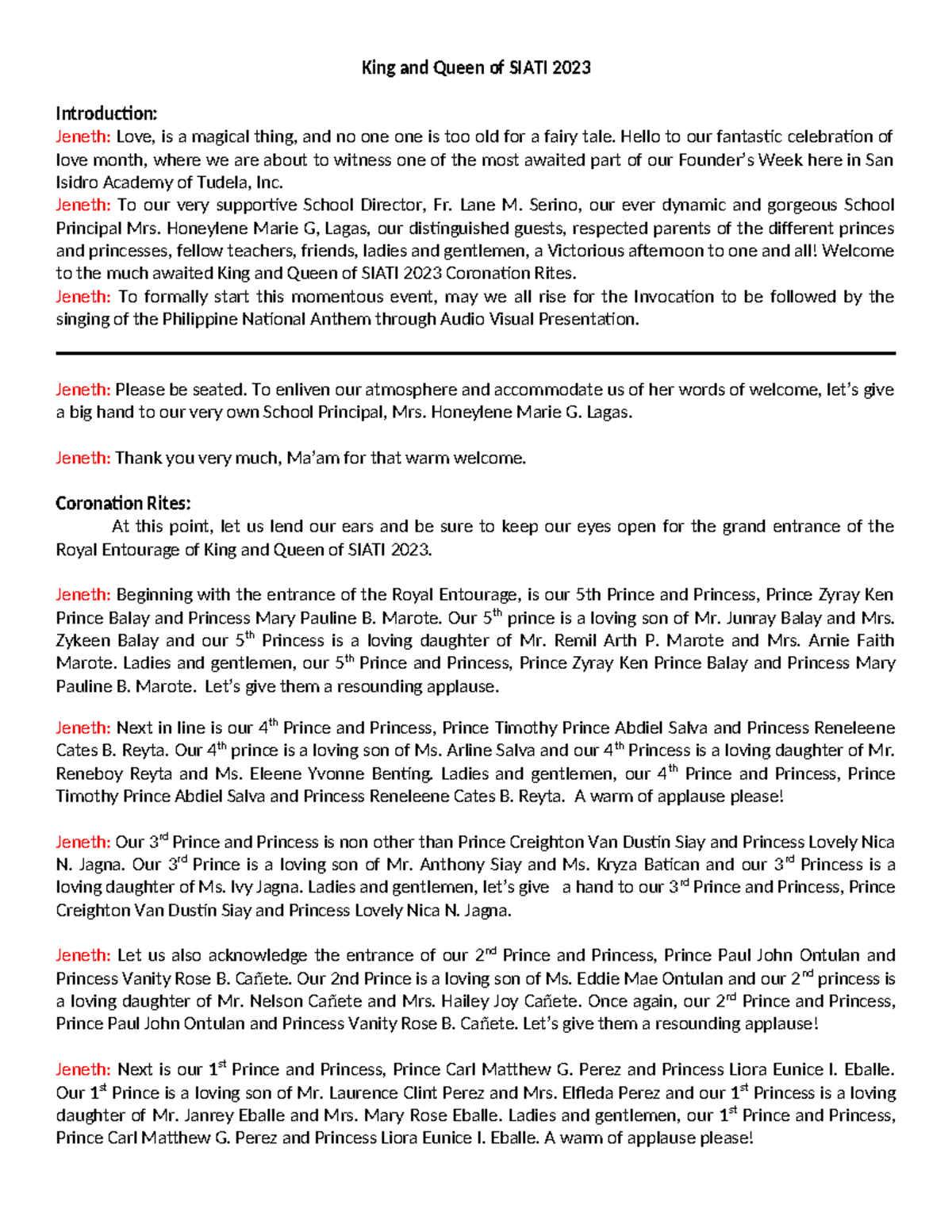 King and Queen of Siati 2023 Script King and Queen of SIATI 2023