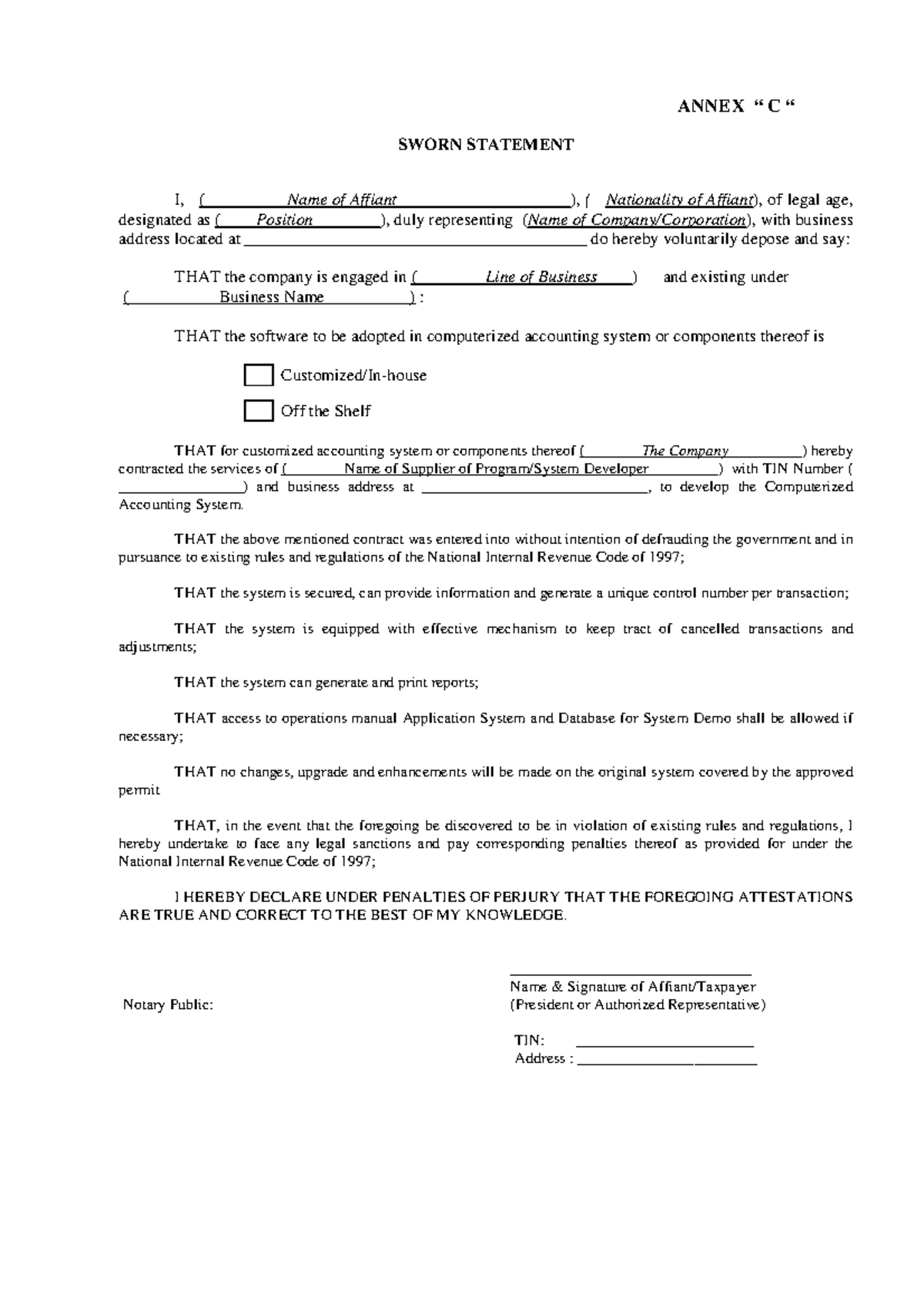 Rmo29 02anxc - BIR - ANNEX “ C “ SWORN STATEMENT I, ( Name of Affiant ...