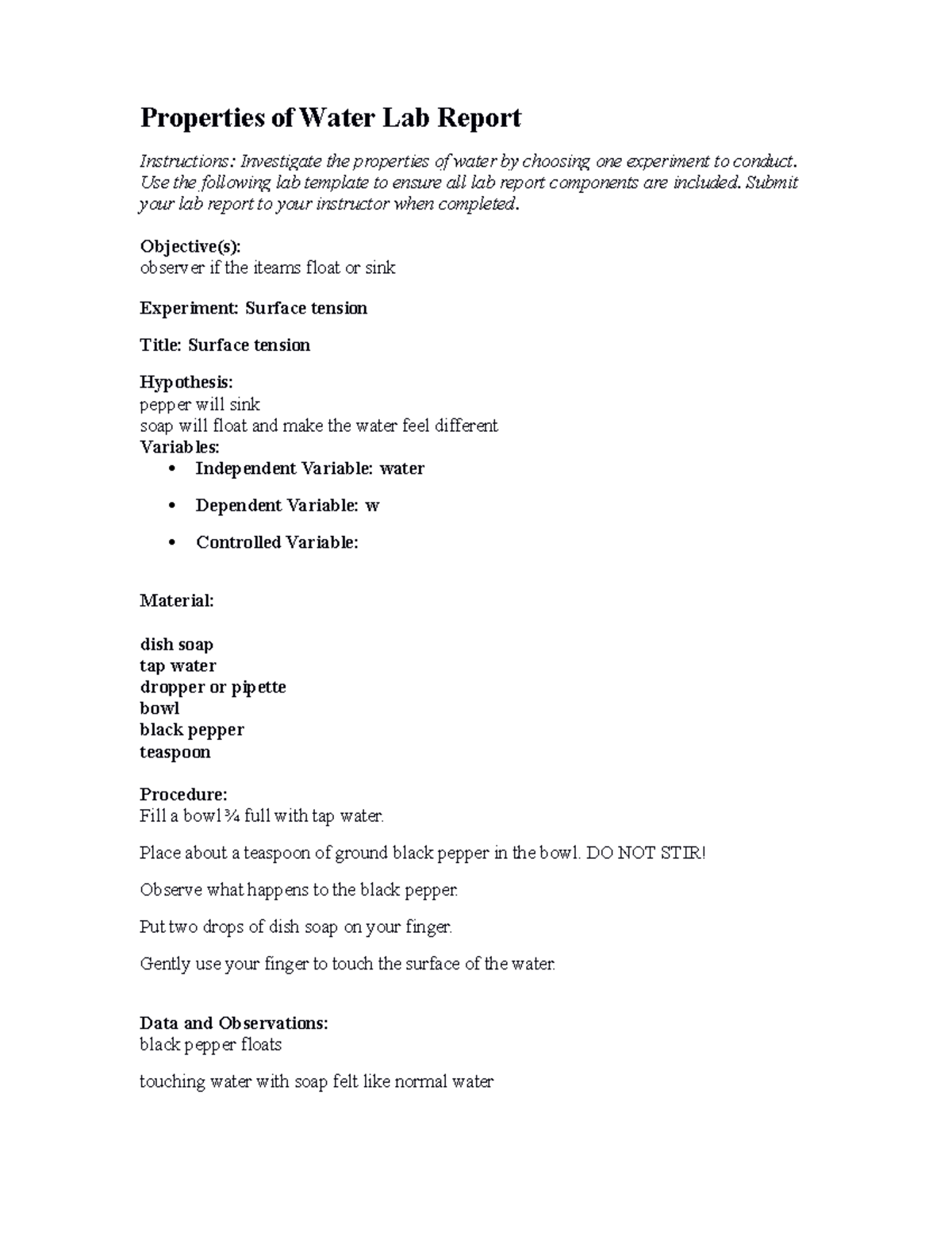 02 01 properties of water lab report Properties of Water Lab Report