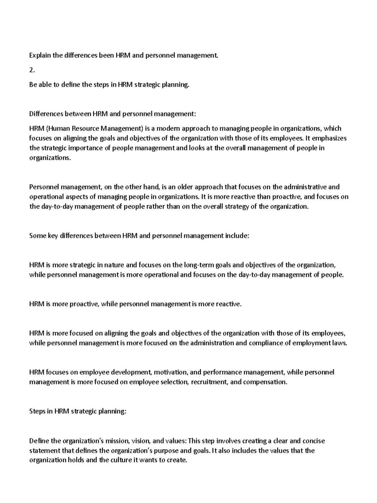 HRM CH 2 - HRM CH 2 - Explain the differences been HRM and personnel ...