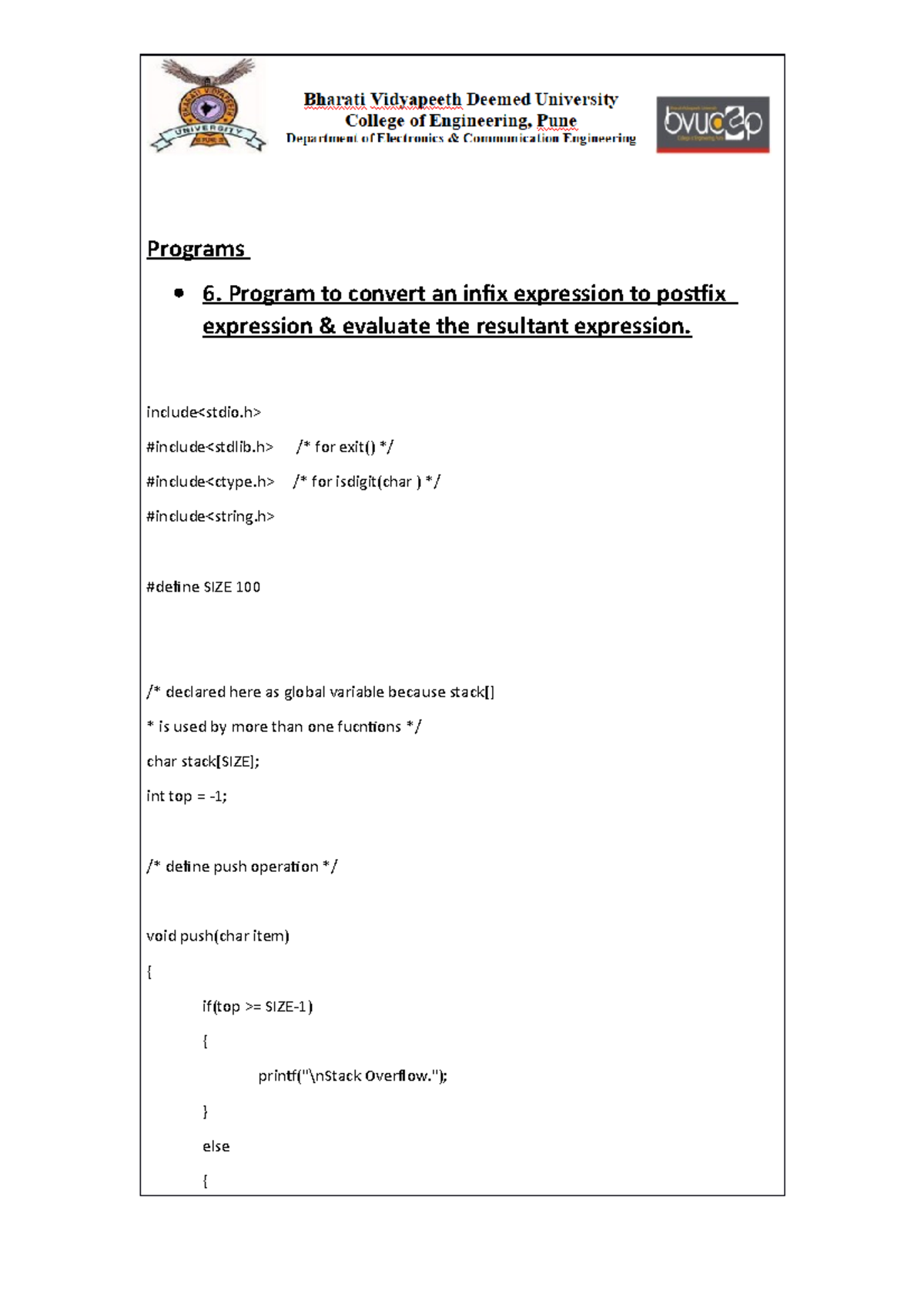 Ds program queue - Programs 6. Program to convert an infix expression ...