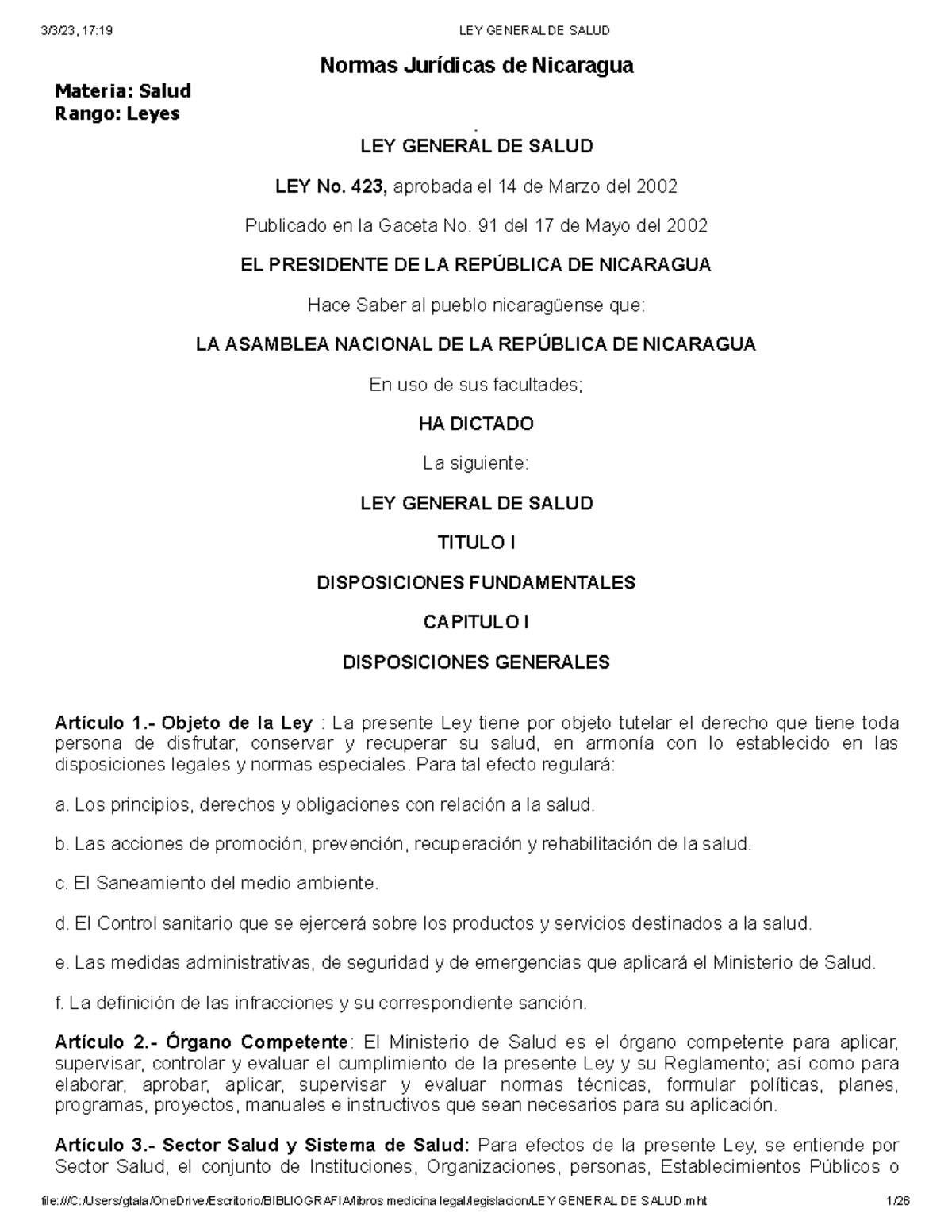 LEY General DE Salud - Normas Jurídicas De Nicaragua Materia: Salud ...