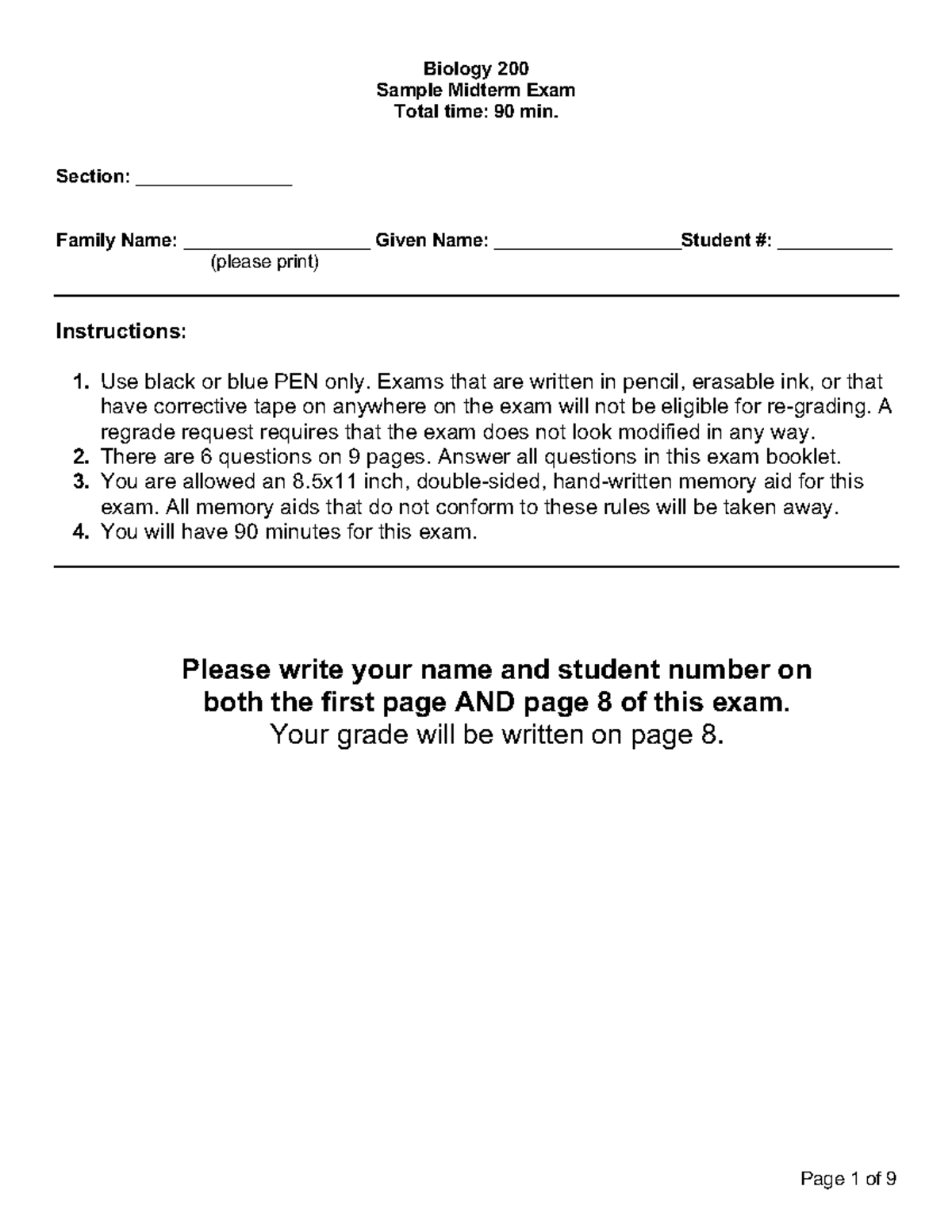 Midterm October 2018, questions - Biology 200 Sample Midterm Exam Total ...