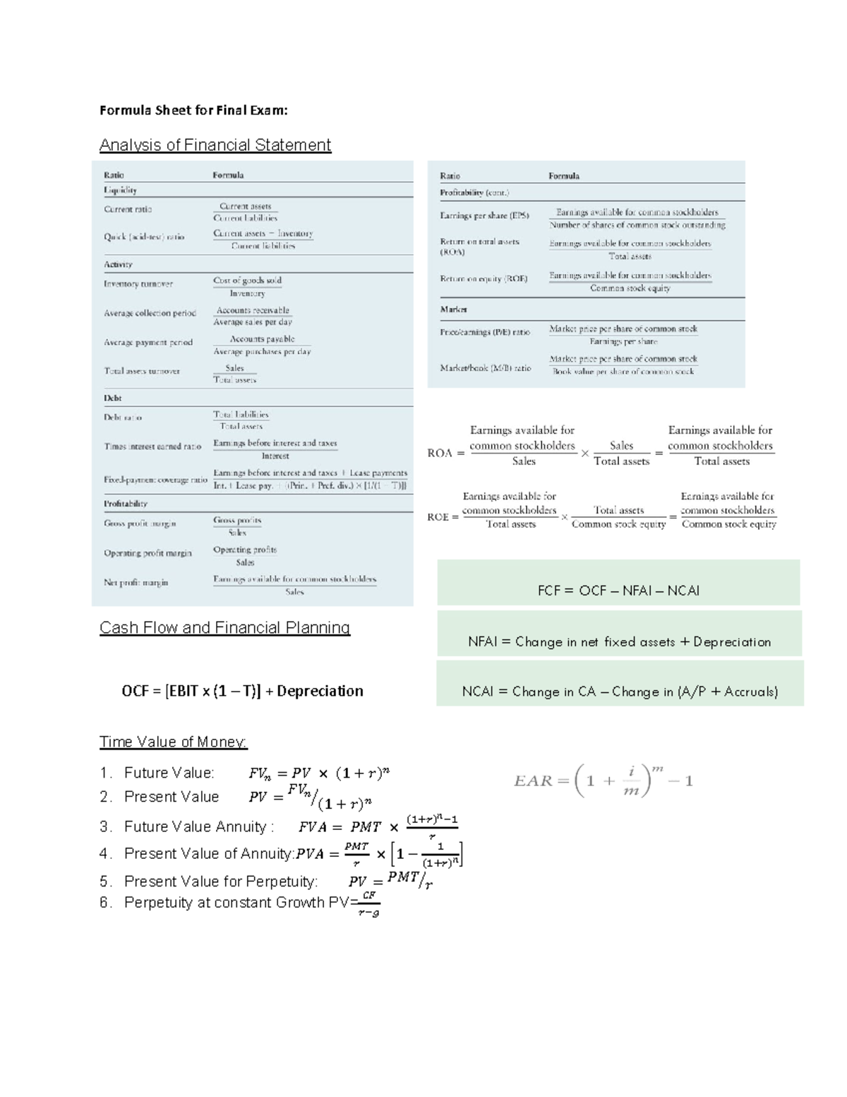 Formula Sheet 2 Studocu