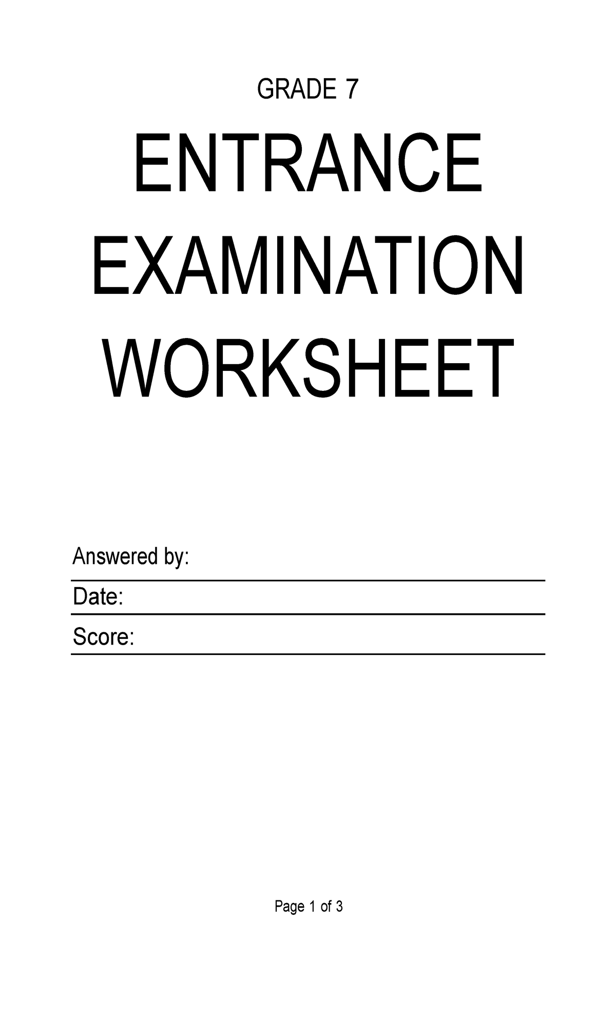 Grade 7 Mathematics Entrance Exam Page 1 Of 3 GRADE 7 ENTRANCE 