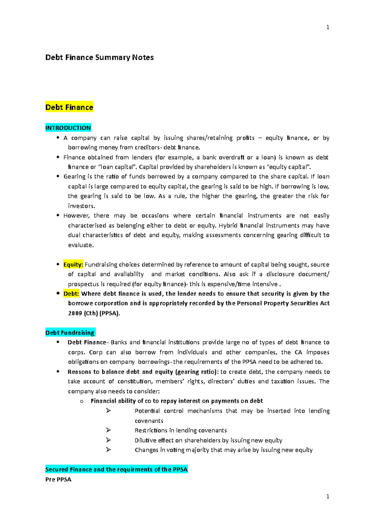 C Debt finance summary notes - Debt Finance Summary Notes Debt Finance ...